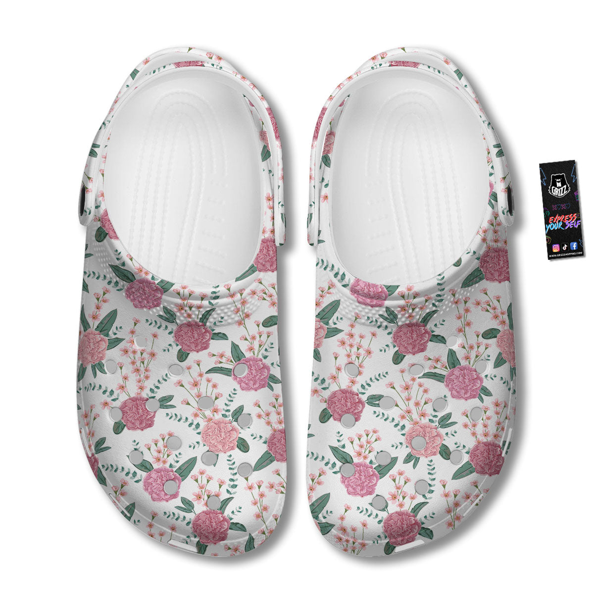 Pink Carnation White Print Pattern Clog-grizzshop
