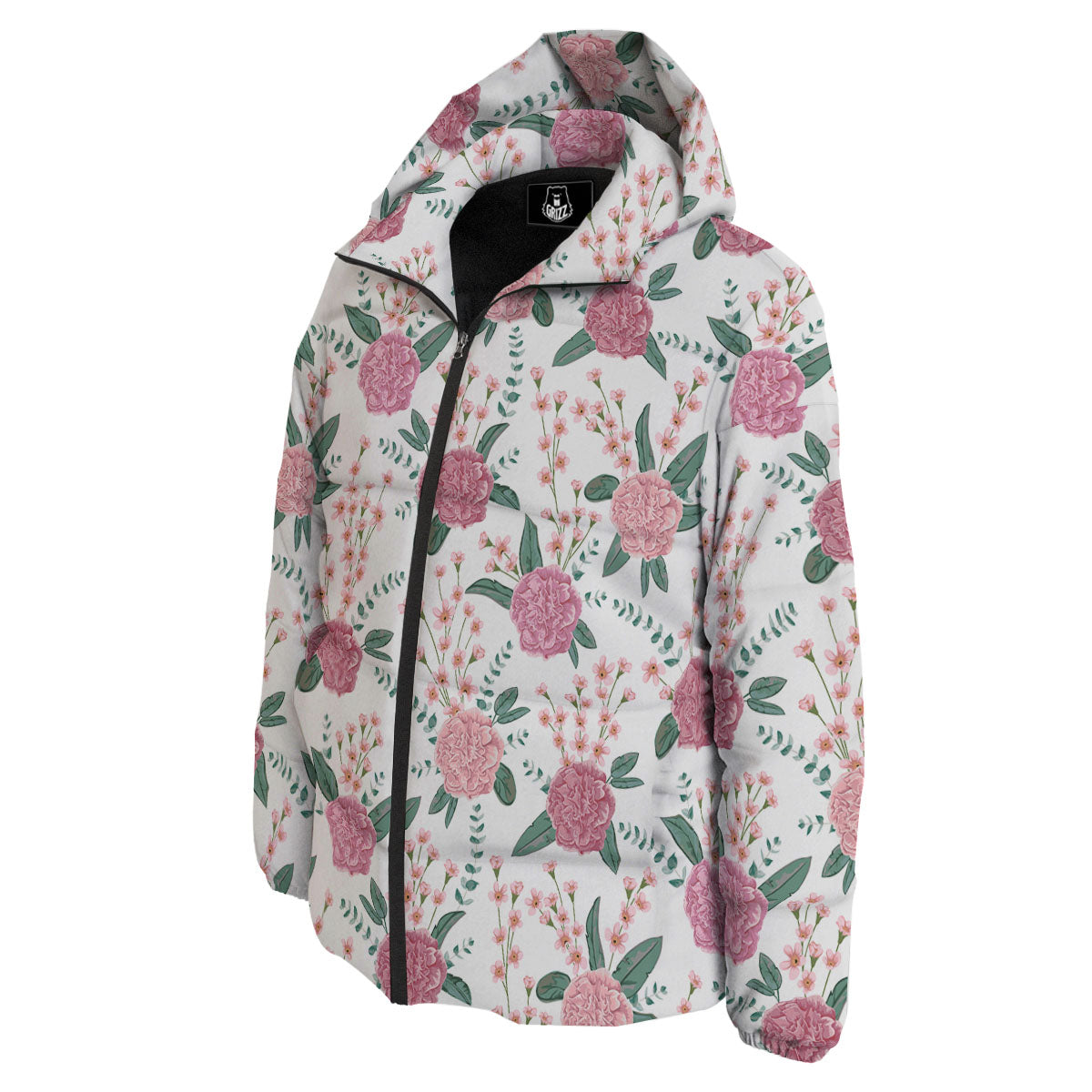 Pink Carnation White Print Pattern Down Jacket-grizzshop