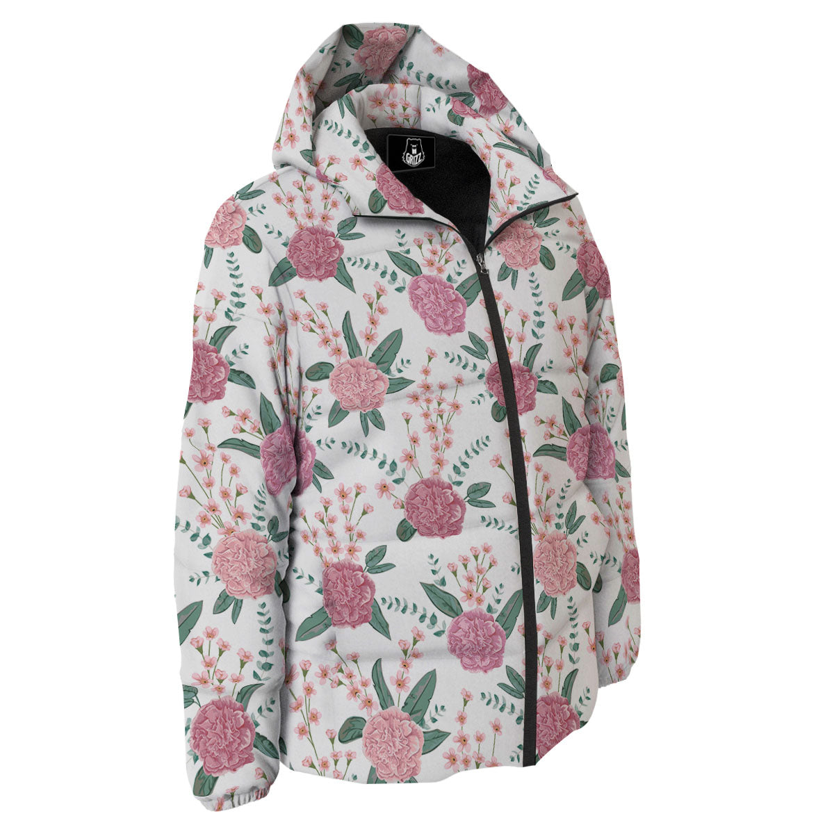 Pink Carnation White Print Pattern Down Jacket-grizzshop