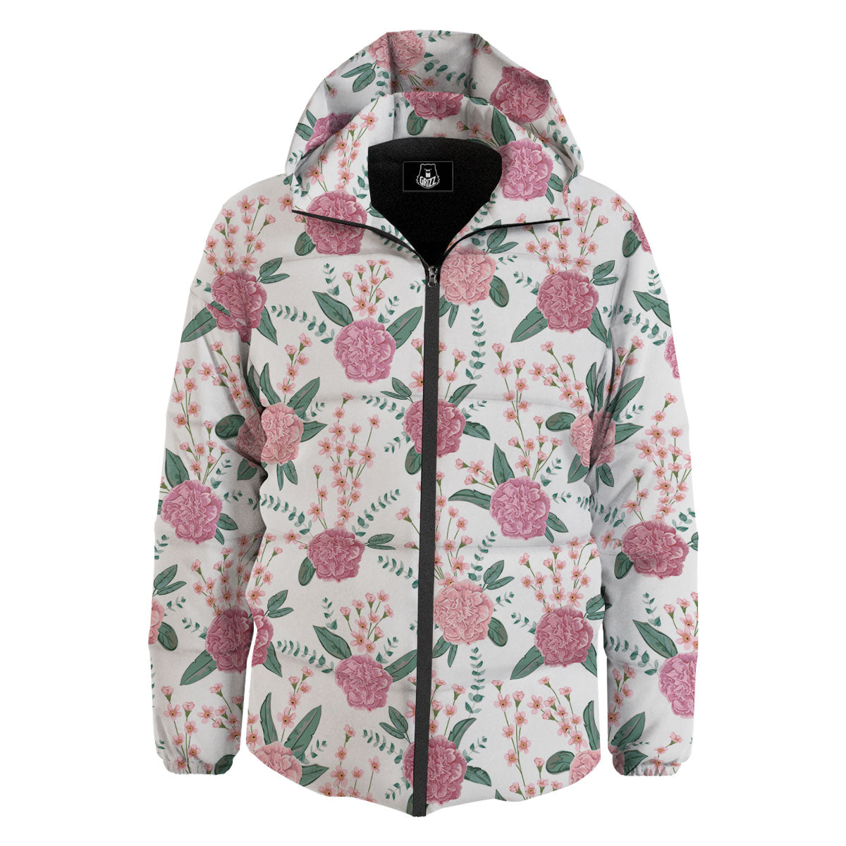 Pink Carnation White Print Pattern Down Jacket-grizzshop