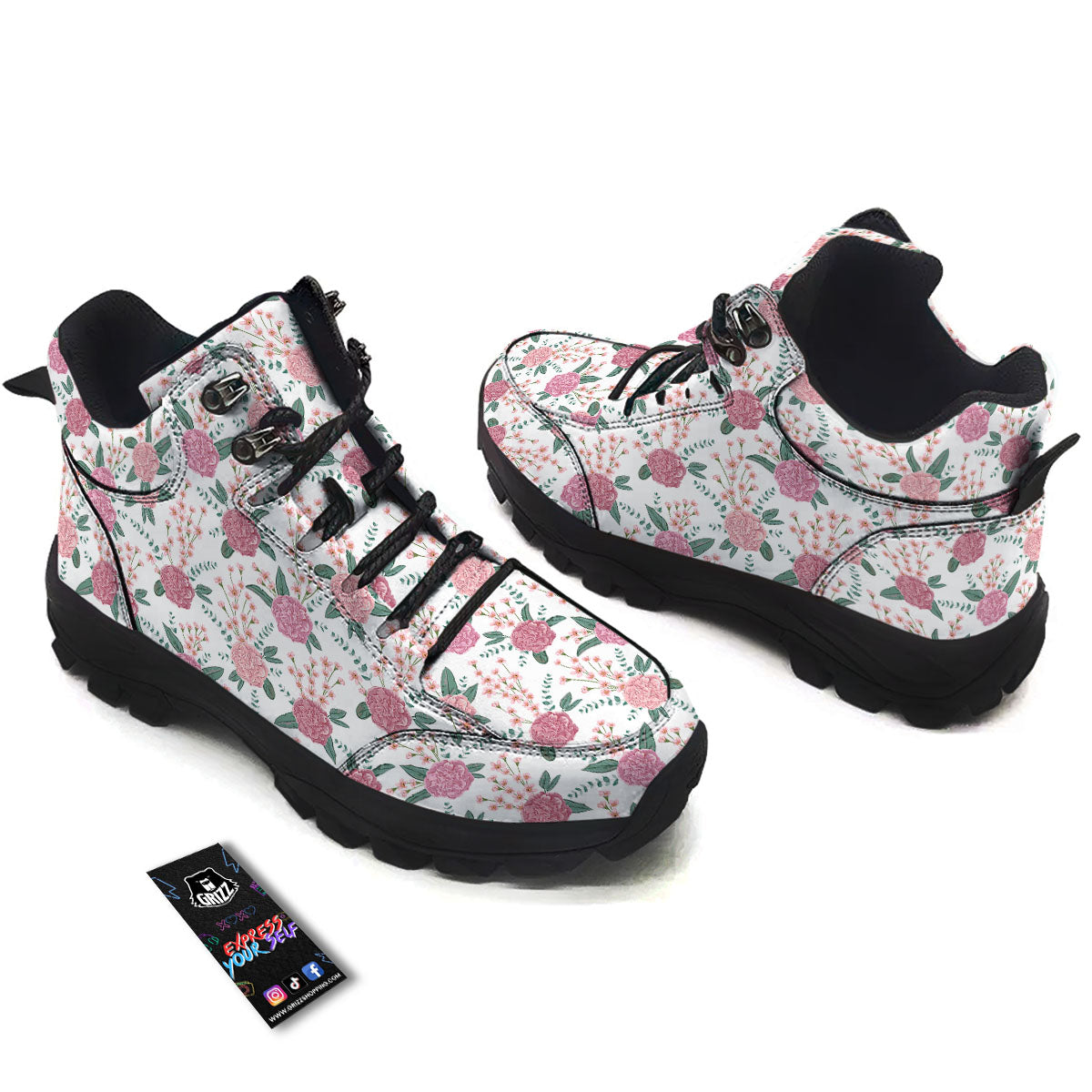 Pink Carnation White Print Pattern Hiking Shoes-grizzshop