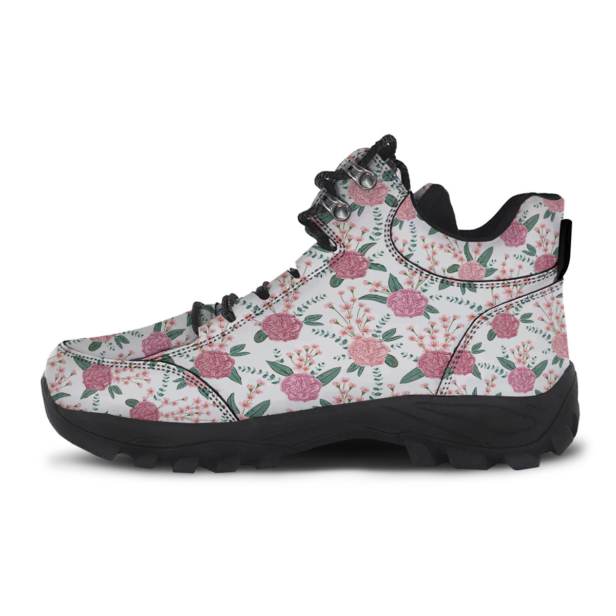 Pink Carnation White Print Pattern Hiking Shoes-grizzshop