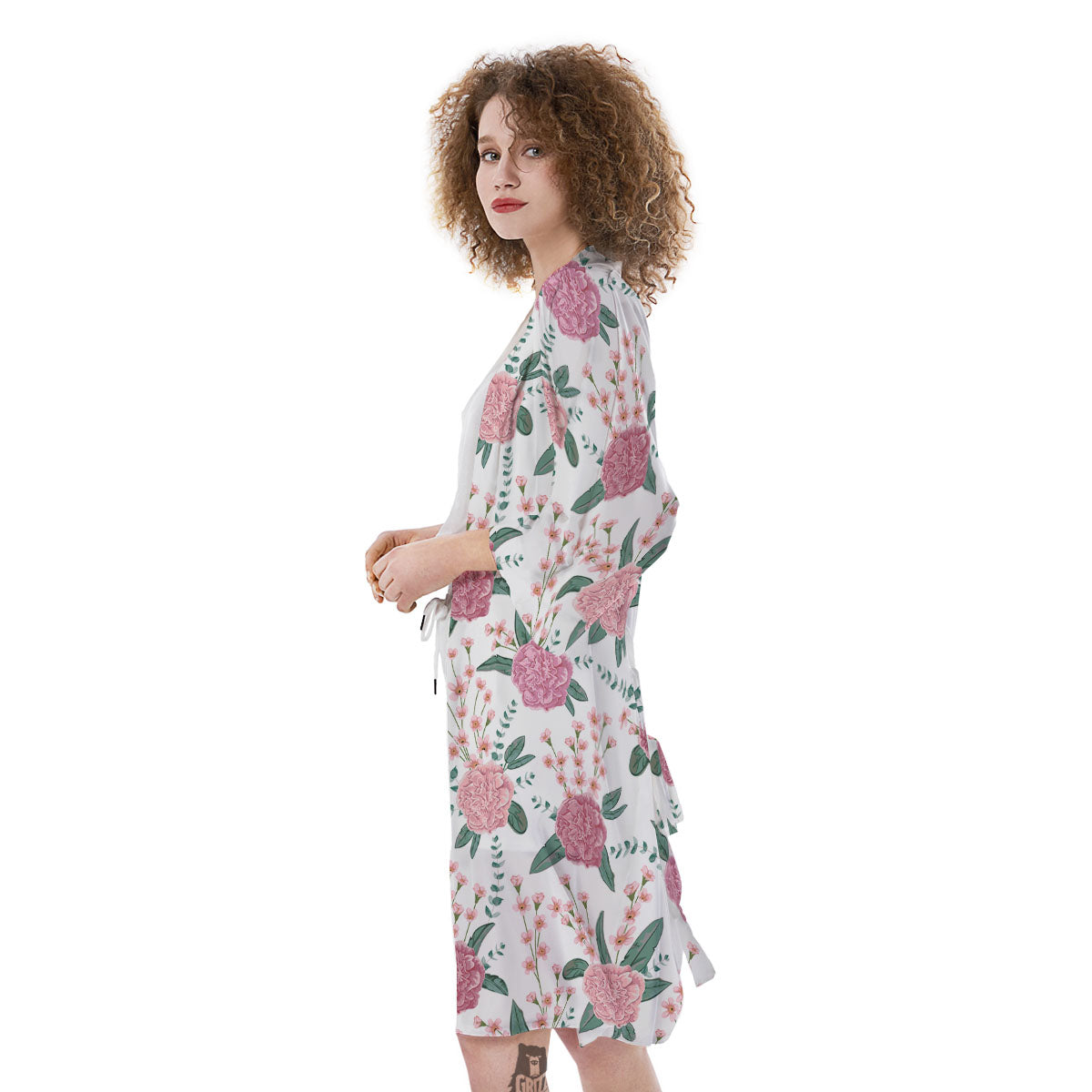 Pink Carnation White Print Pattern Kimono-grizzshop
