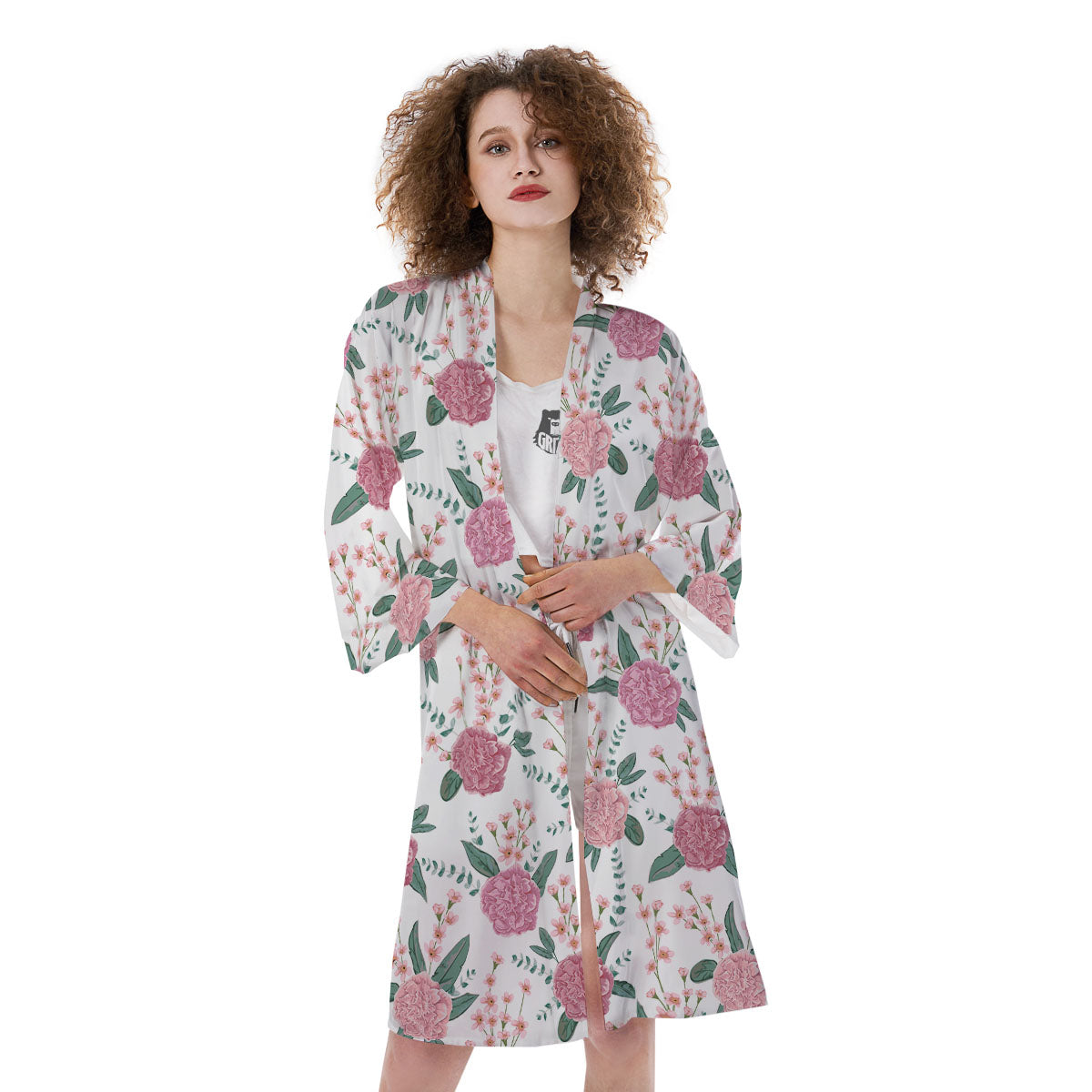 Pink Carnation White Print Pattern Kimono-grizzshop