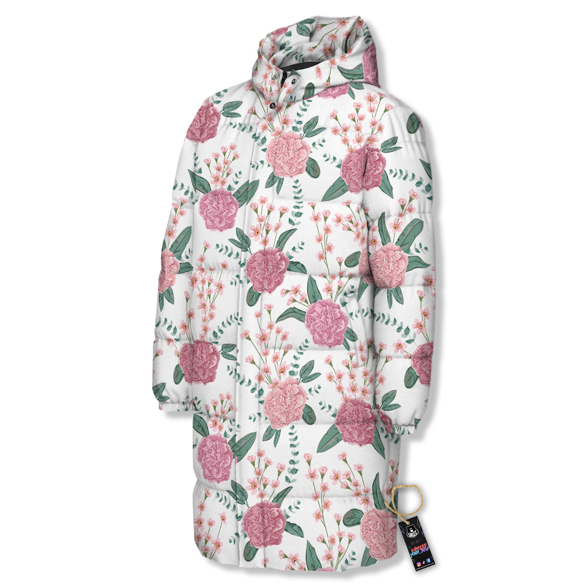 Pink Carnation White Print Pattern Long Down Jacket-grizzshop
