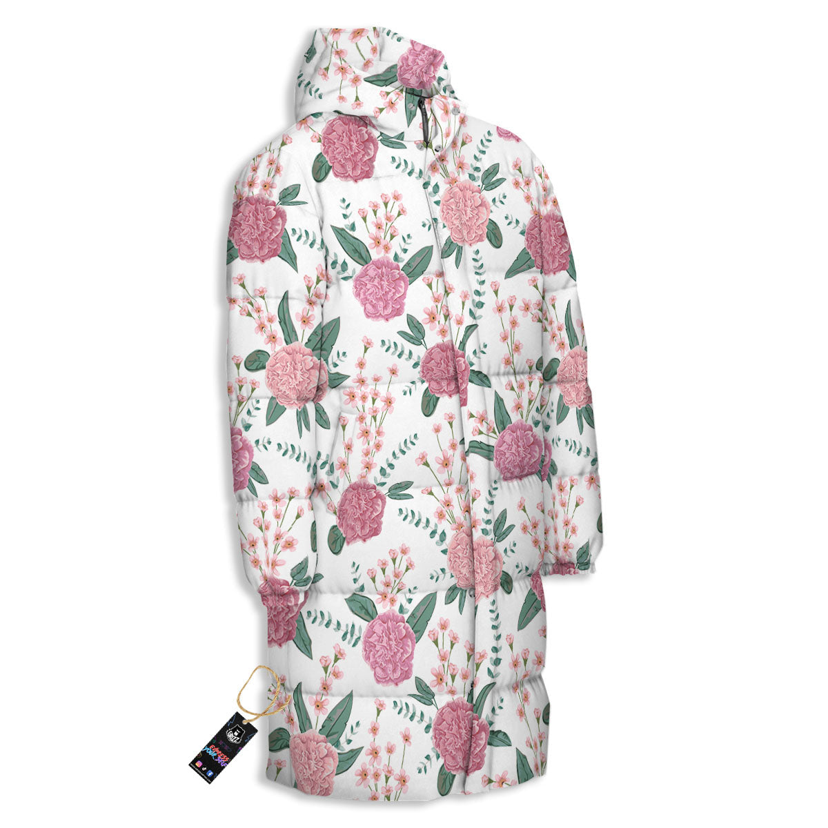Pink Carnation White Print Pattern Long Down Jacket-grizzshop