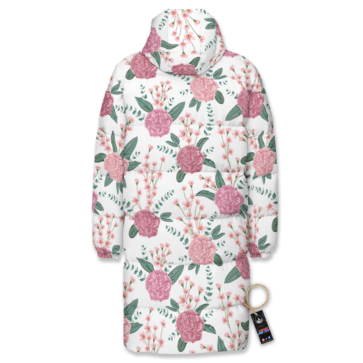 Pink Carnation White Print Pattern Long Down Jacket-grizzshop