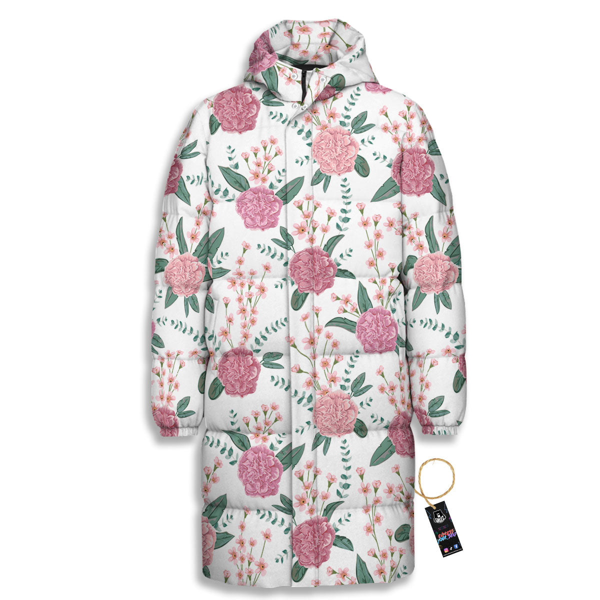 Pink Carnation White Print Pattern Long Down Jacket-grizzshop