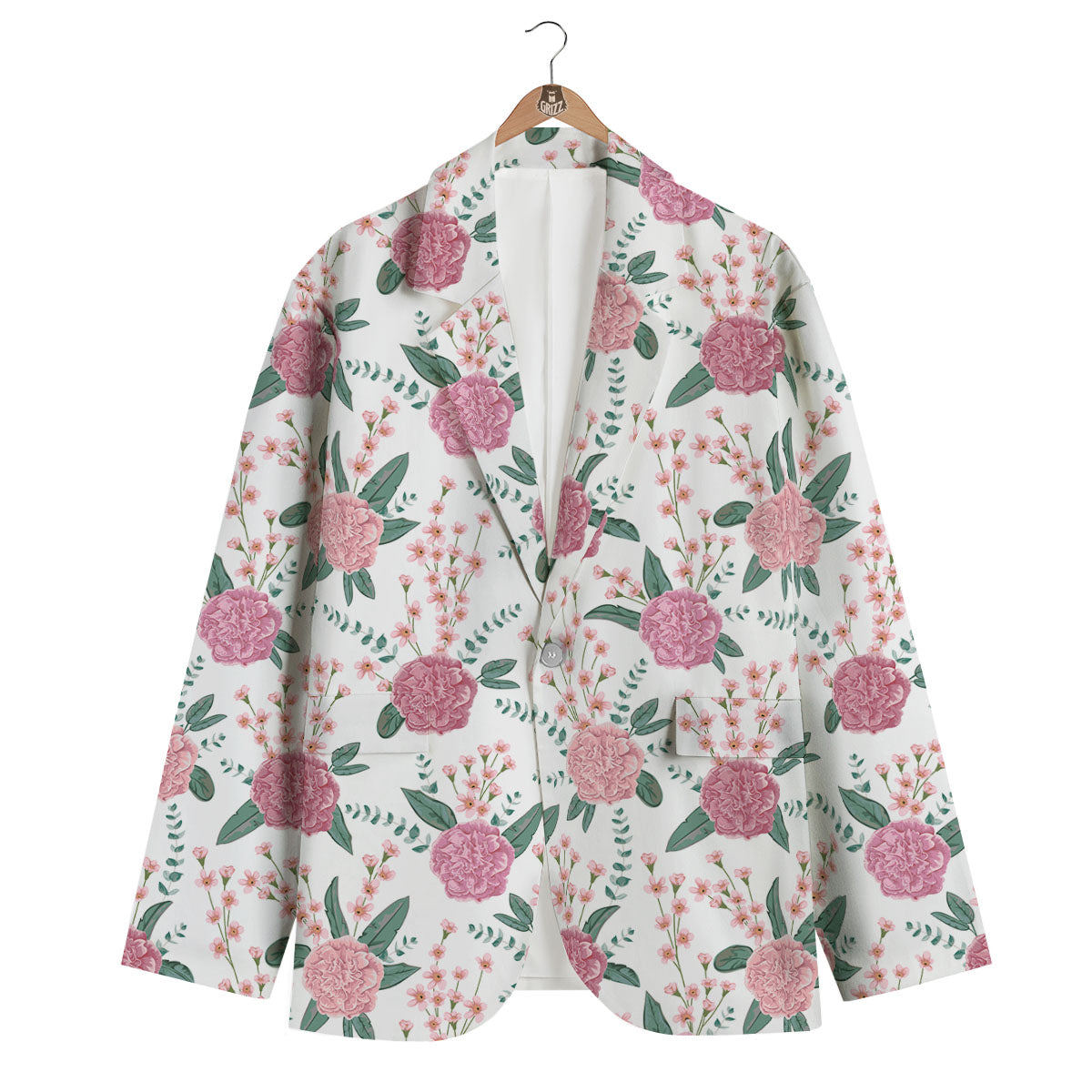 Pink Carnation White Print Pattern Men's Blazer-grizzshop