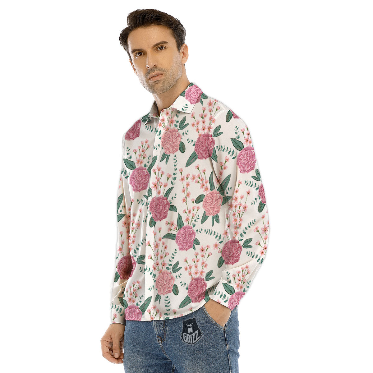 Pink Carnation White Print Pattern Men's Dress Shirts-grizzshop