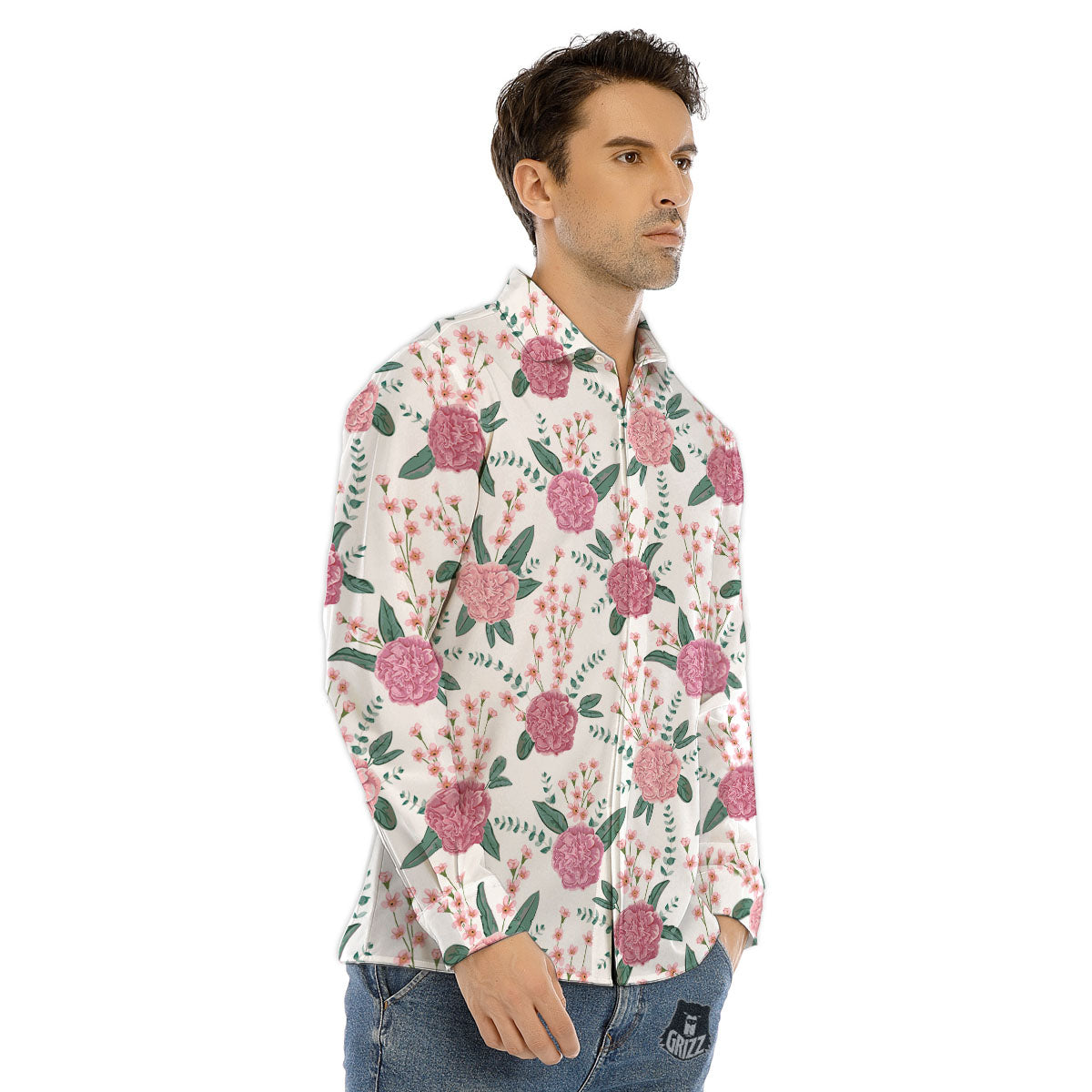 Pink Carnation White Print Pattern Men's Dress Shirts-grizzshop