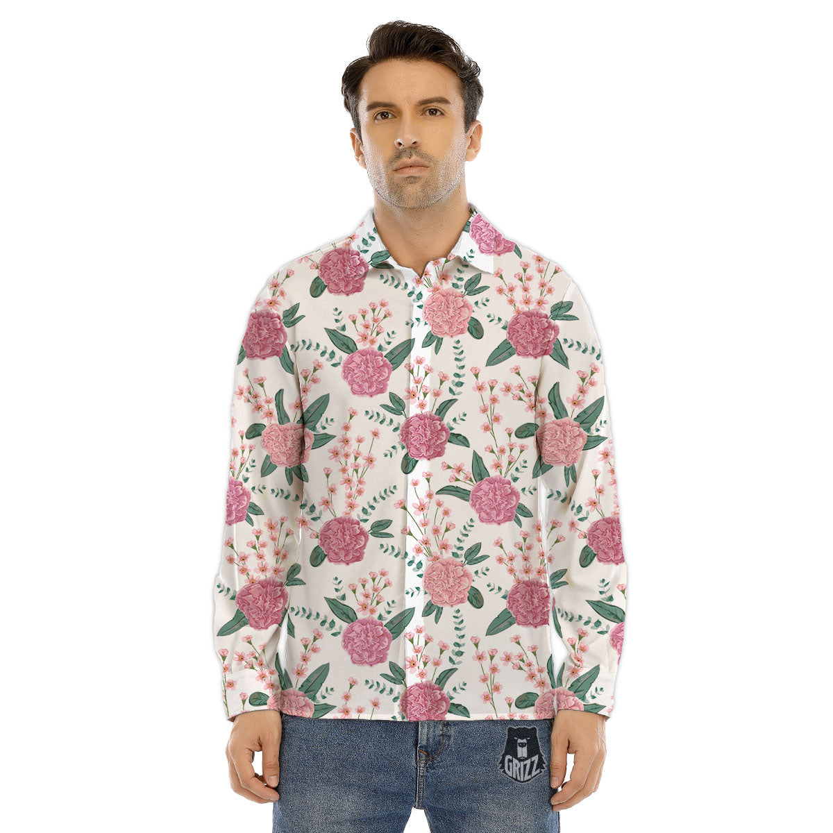 Pink Carnation White Print Pattern Men's Dress Shirts-grizzshop