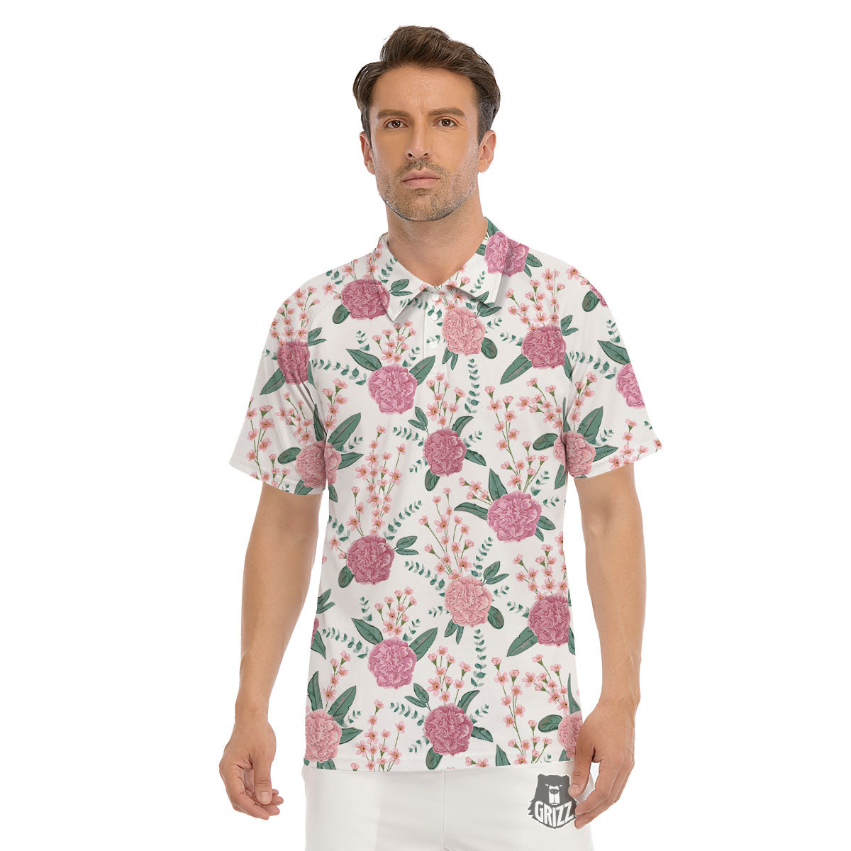 Pink Carnation White Print Pattern Men's Golf Shirts-grizzshop
