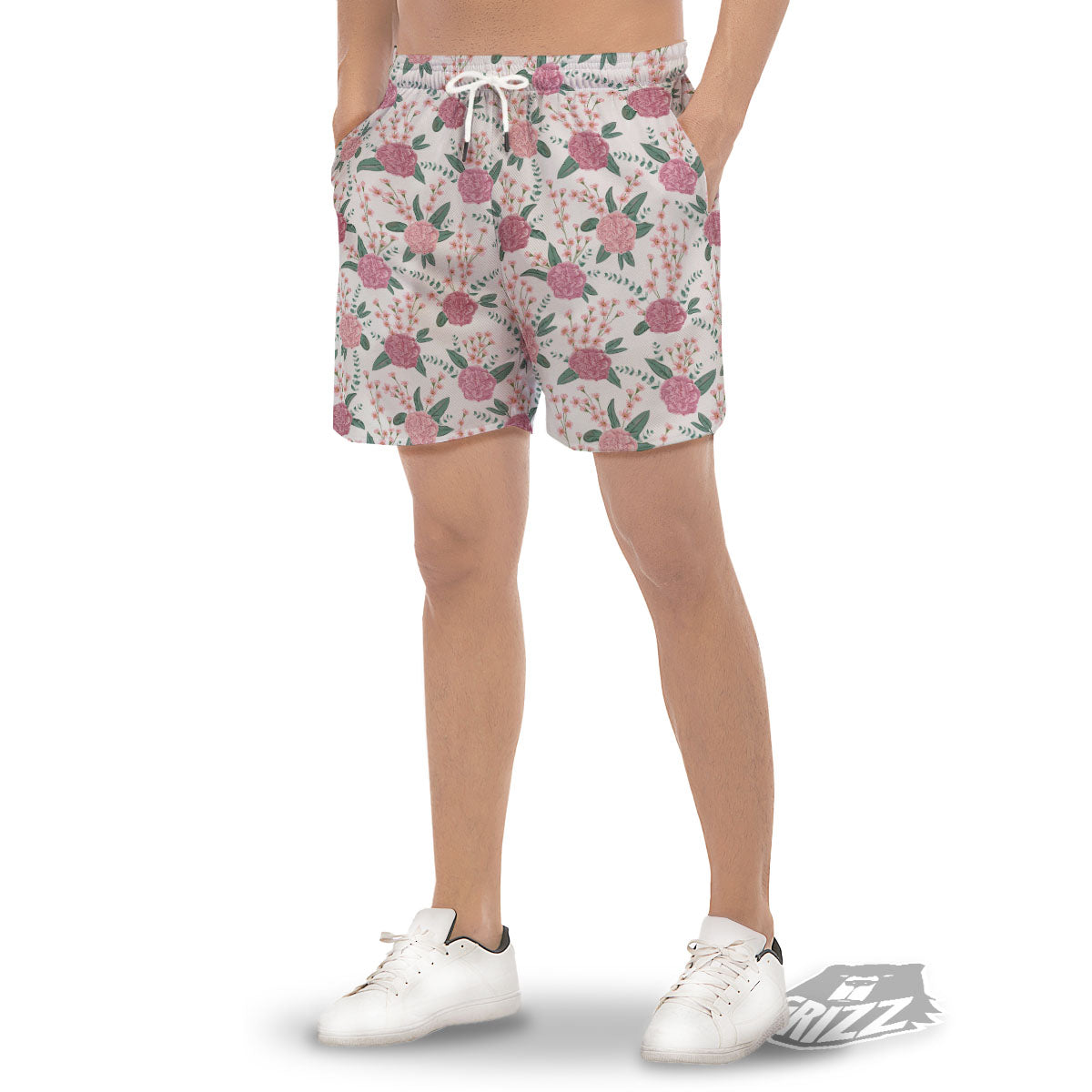 Pink Carnation White Print Pattern Men's Gym Shorts-grizzshop