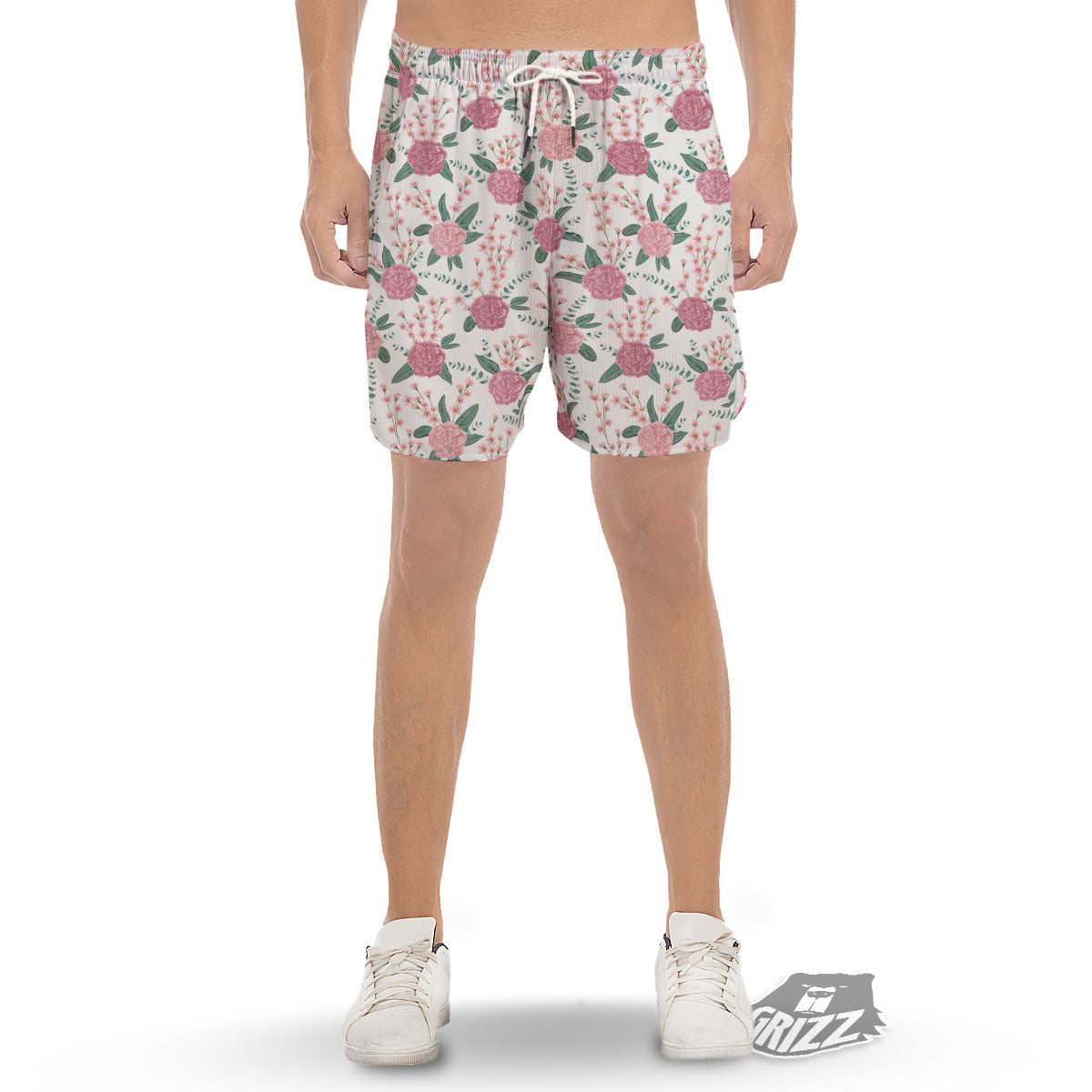 Pink Carnation White Print Pattern Men's Gym Shorts-grizzshop
