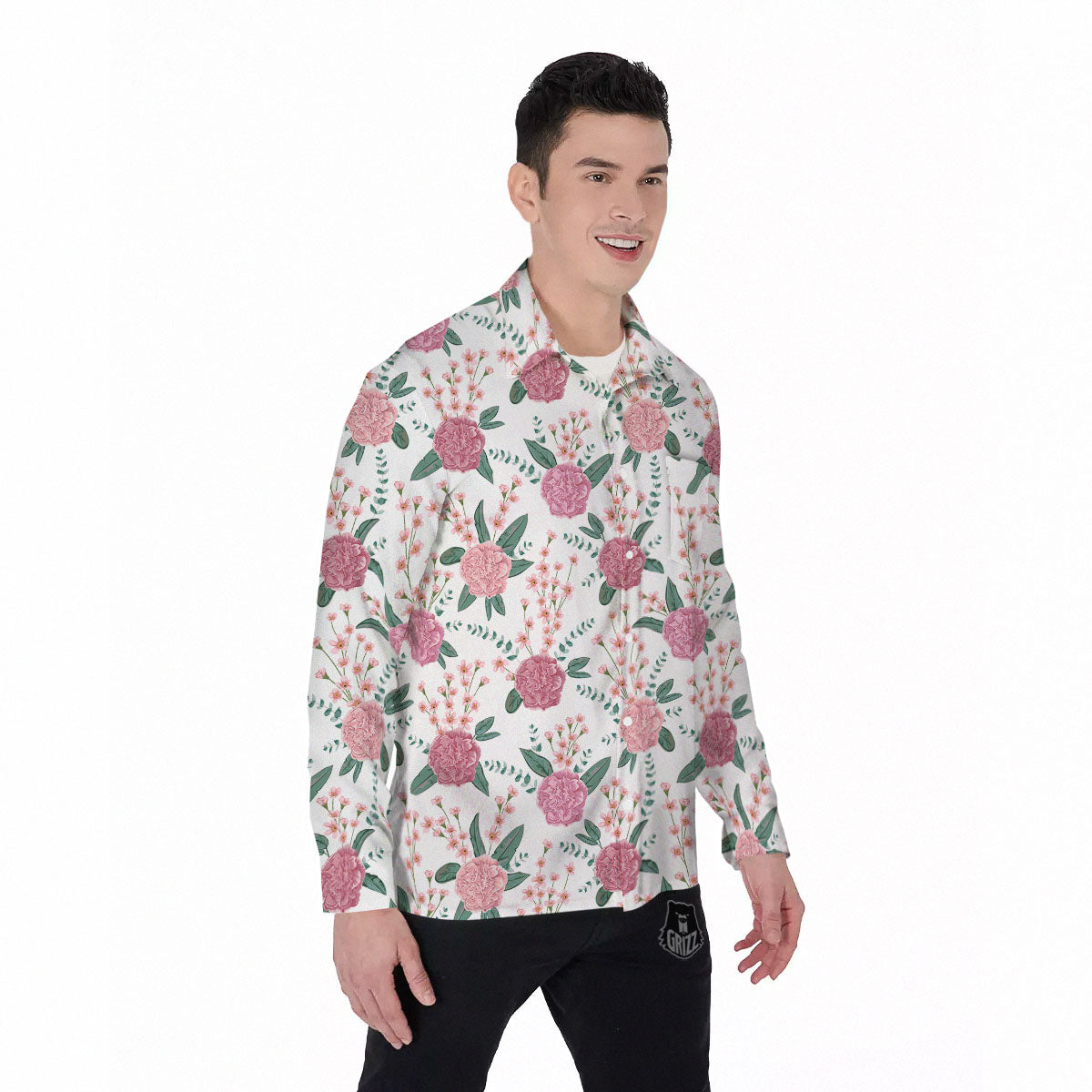 Pink Carnation White Print Pattern Men's Long Sleeve Shirts-grizzshop