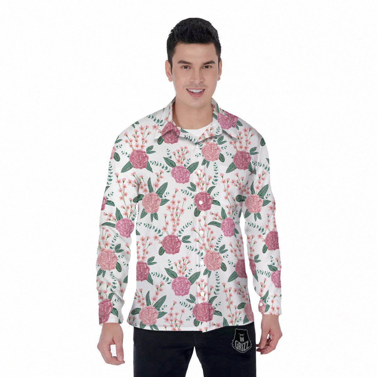 Pink Carnation White Print Pattern Men's Long Sleeve Shirts-grizzshop