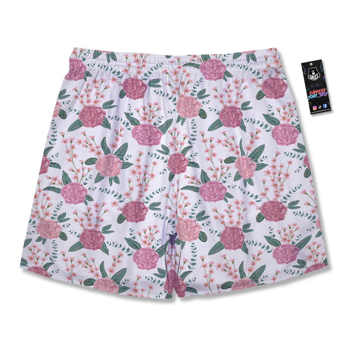 Pink Carnation White Print Pattern Men's Running Shorts-grizzshop