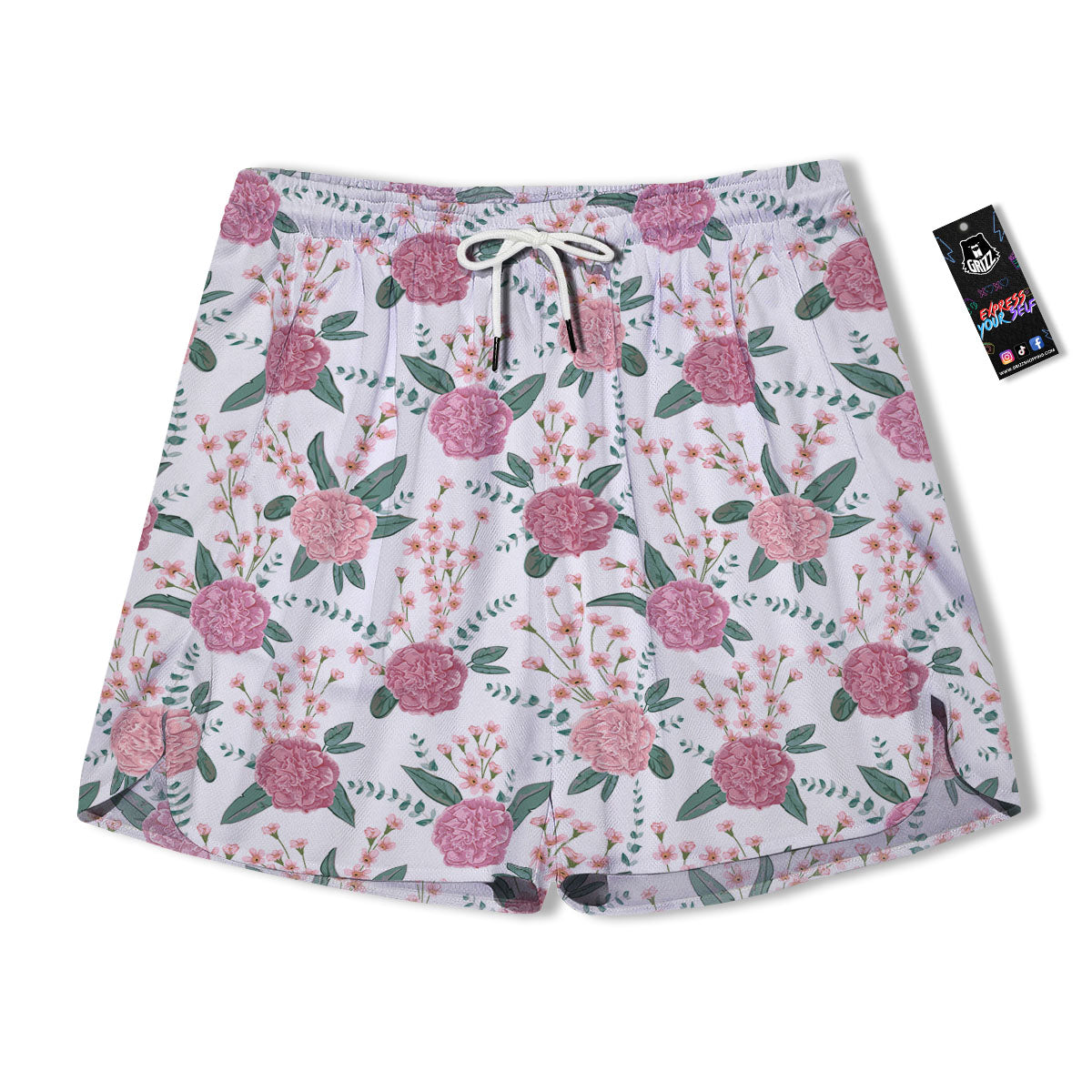Pink Carnation White Print Pattern Men's Running Shorts-grizzshop