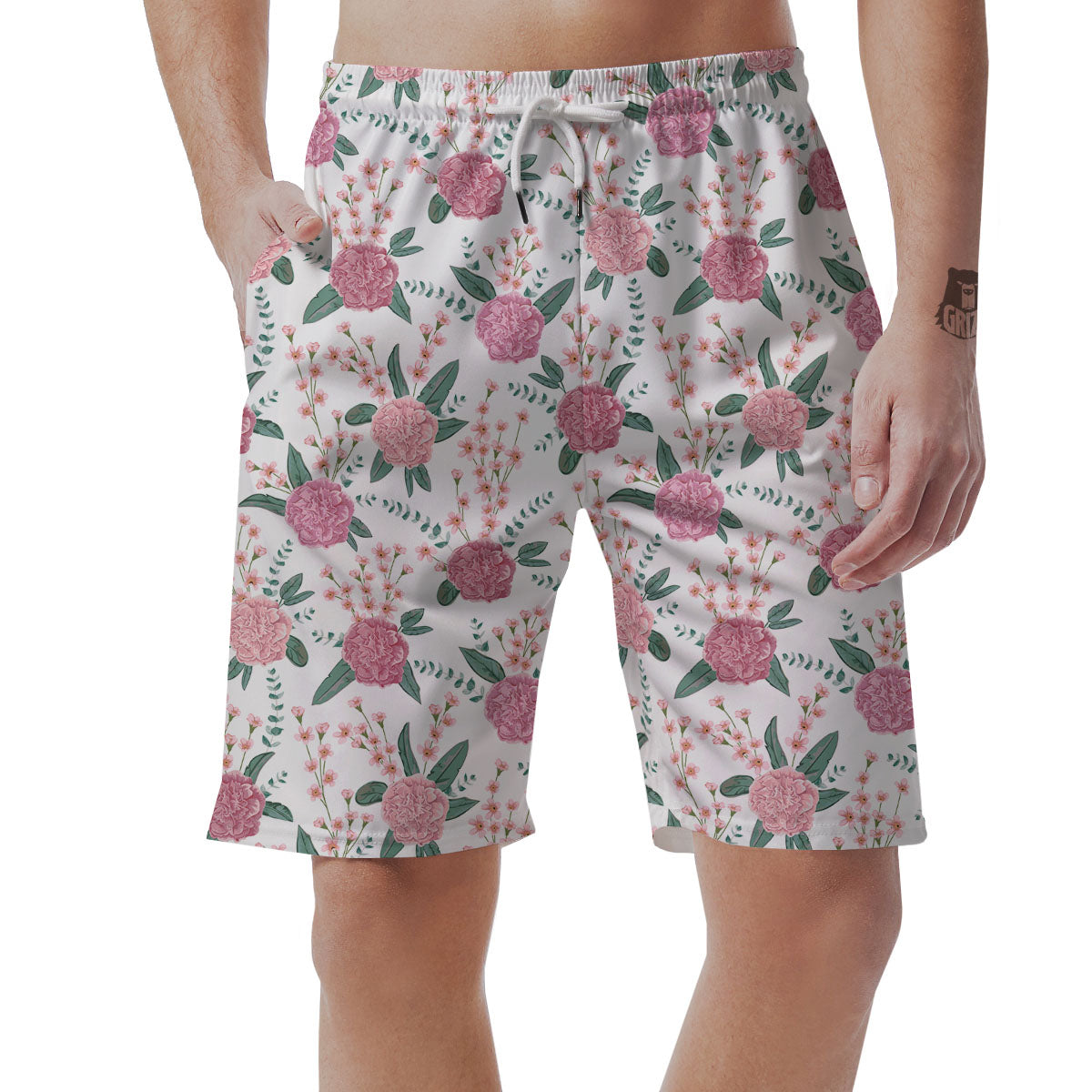 Pink Carnation White Print Pattern Men's Shorts-grizzshop