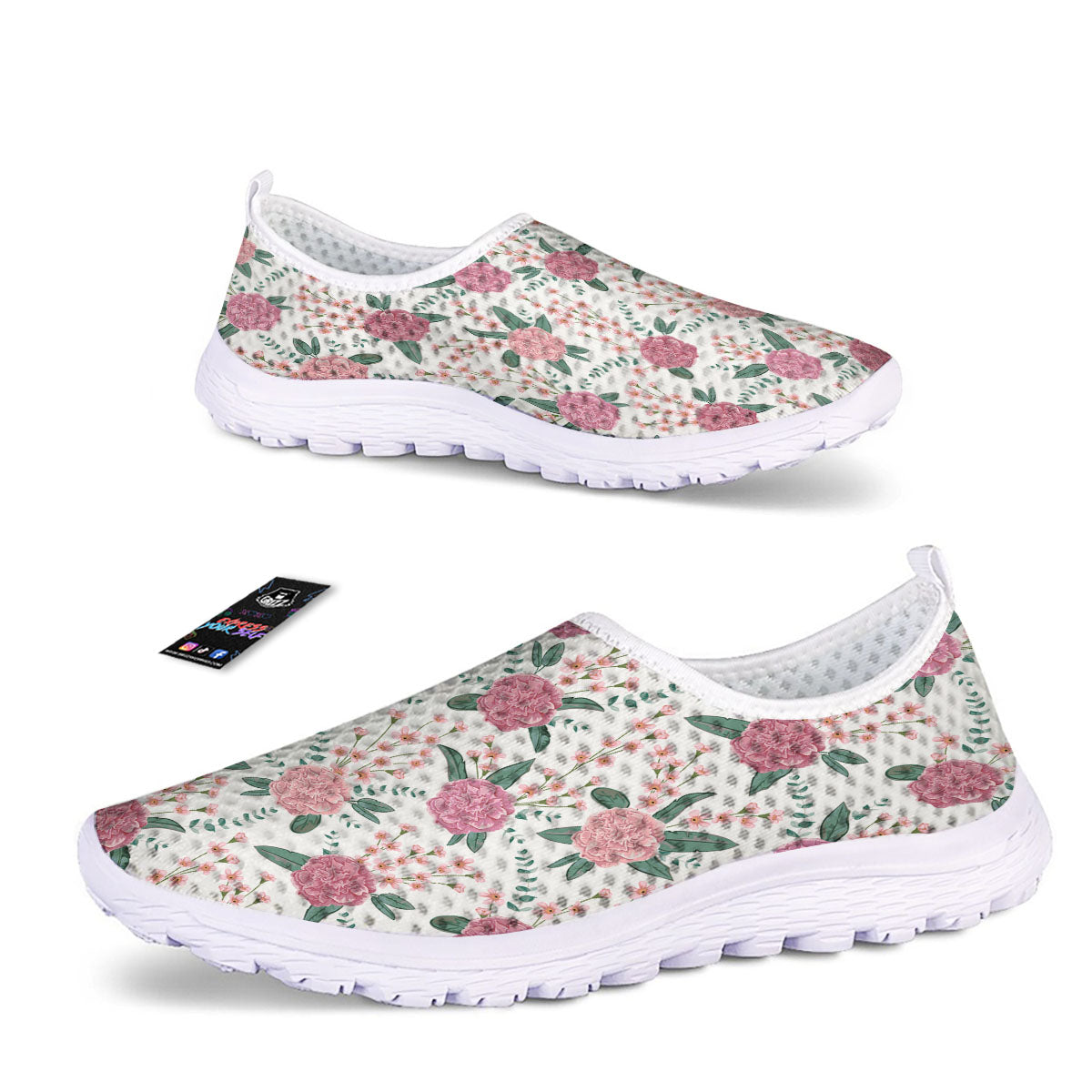 Pink Carnation White Print Pattern Nurse Shoes-grizzshop