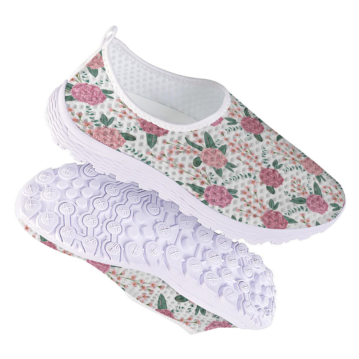 Pink Carnation White Print Pattern Nurse Shoes-grizzshop