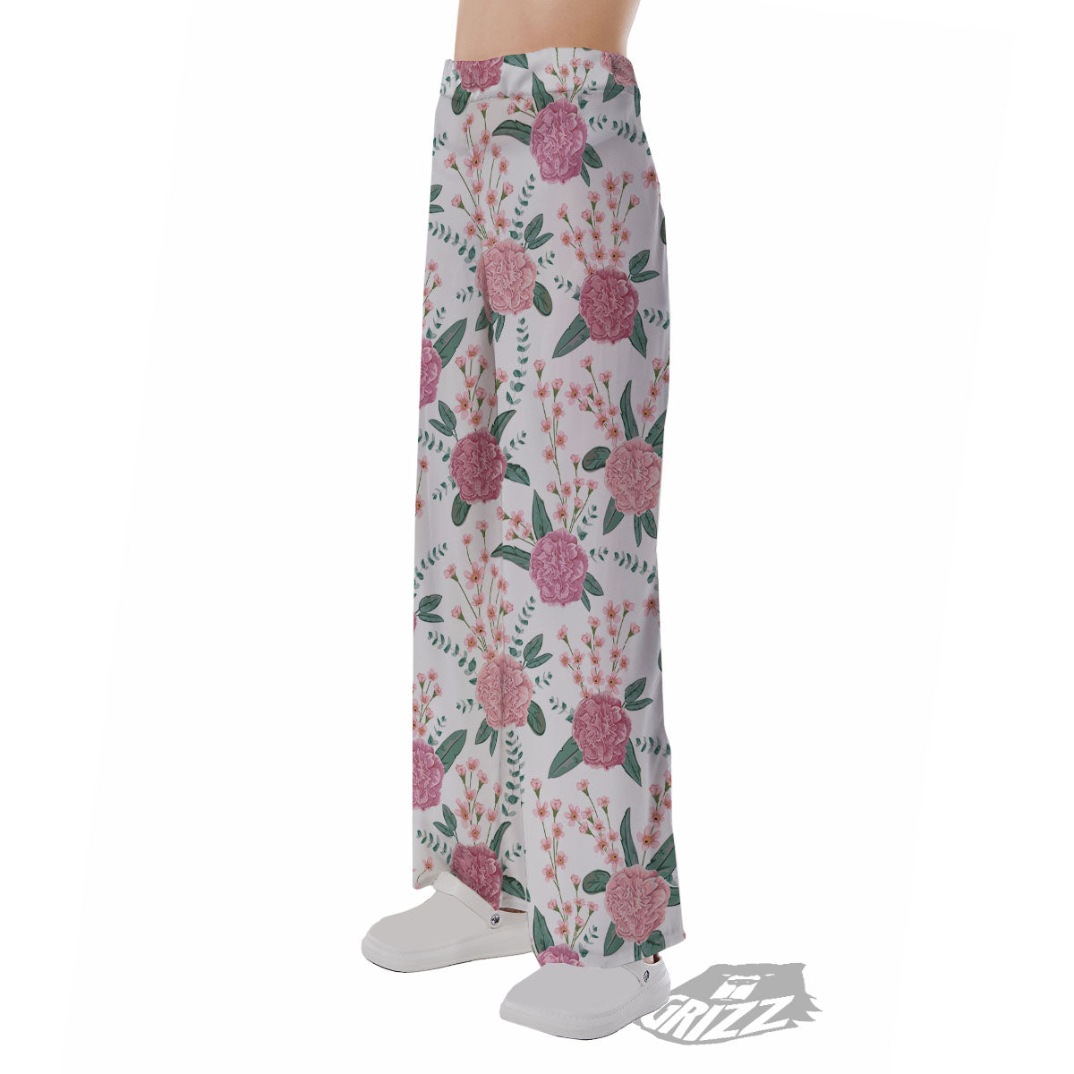 Pink Carnation White Print Pattern Pajama Pants-grizzshop