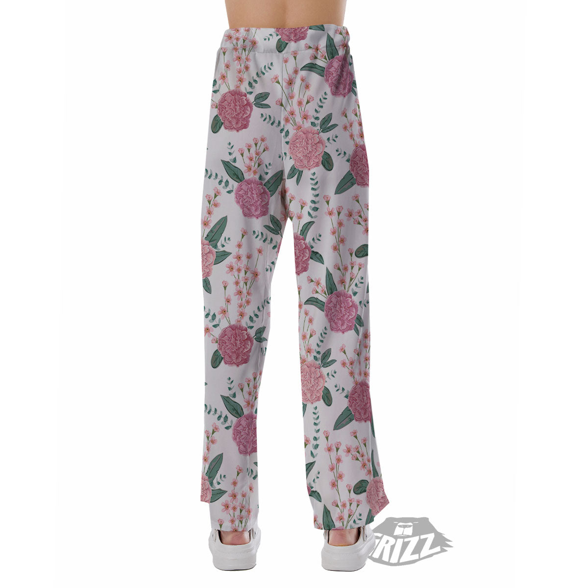 Pink Carnation White Print Pattern Pajama Pants-grizzshop