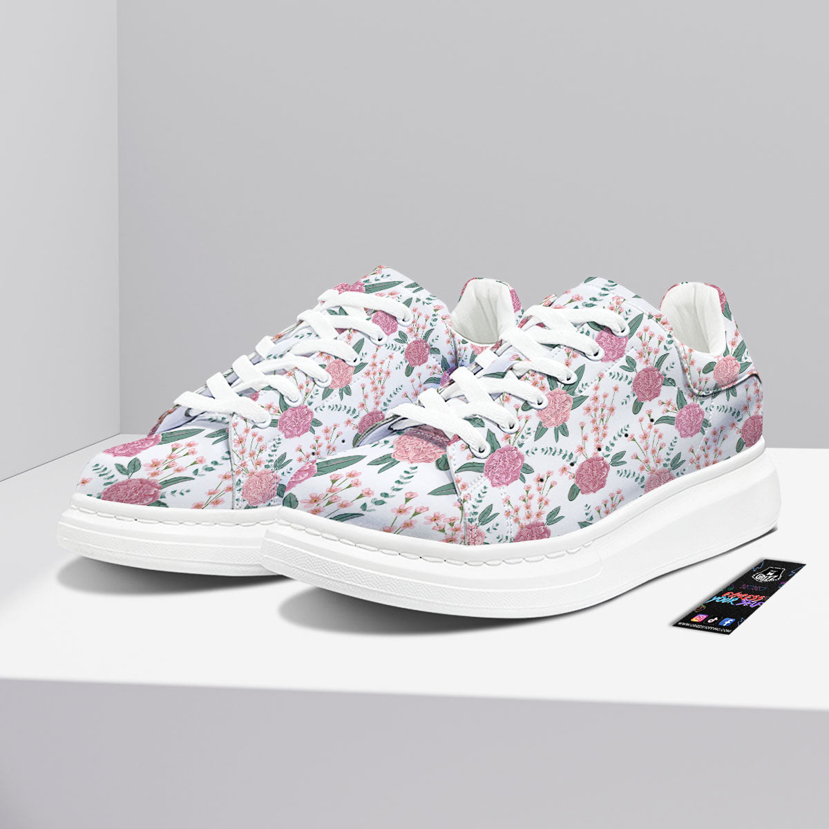 Pink Carnation White Print Pattern Platform Shoes-grizzshop