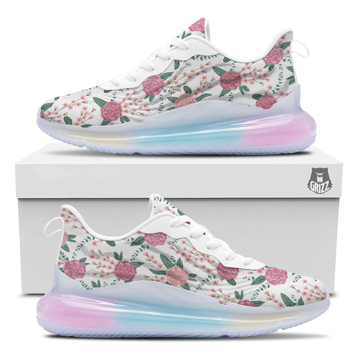 Pink Carnation White Print Pattern Running Sneakers-grizzshop