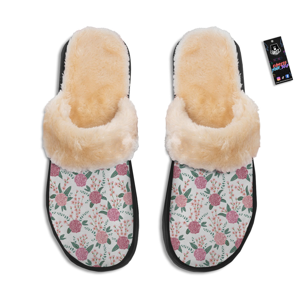 Pink Carnation White Print Pattern Slippers-grizzshop