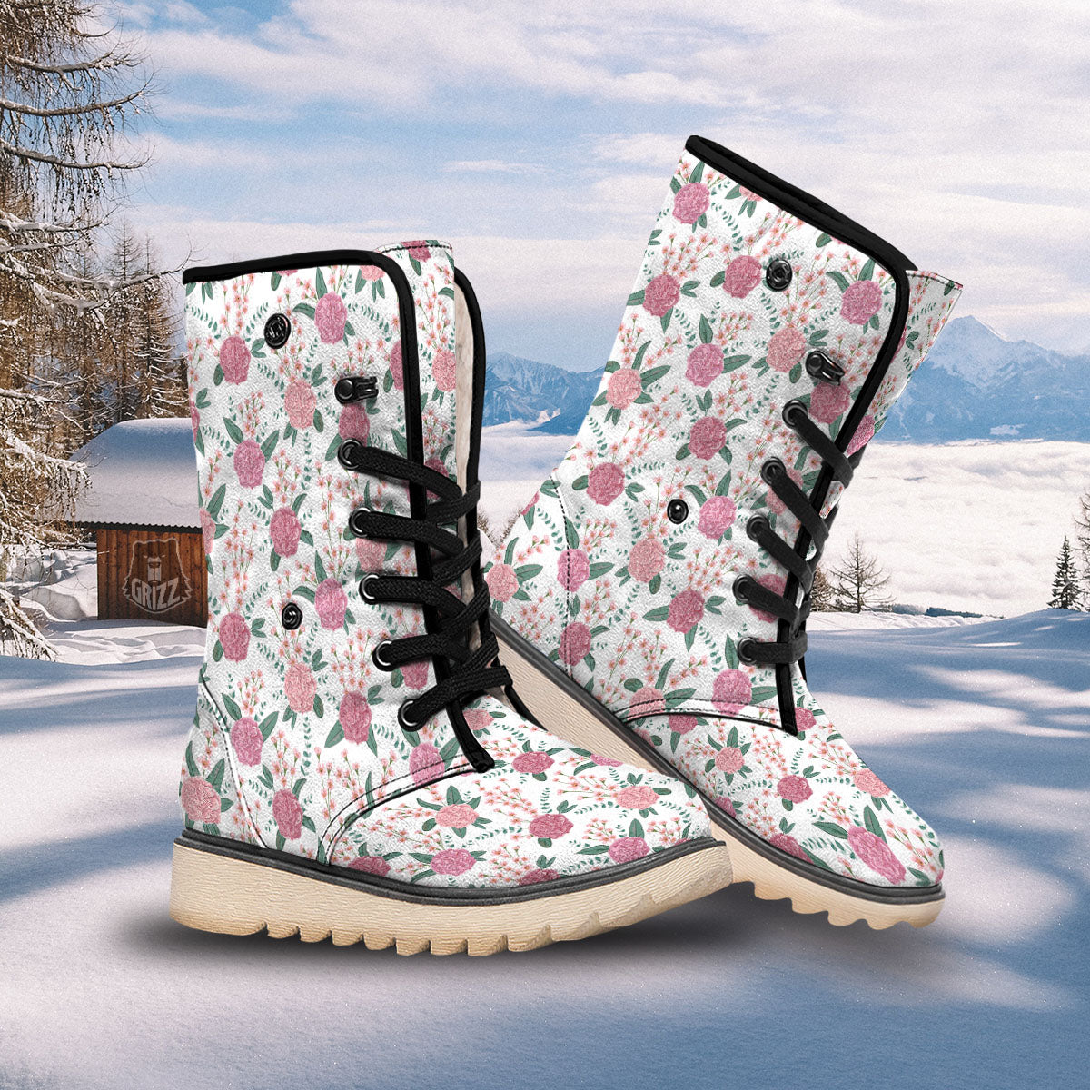 Pink Carnation White Print Pattern Snow Boots-grizzshop