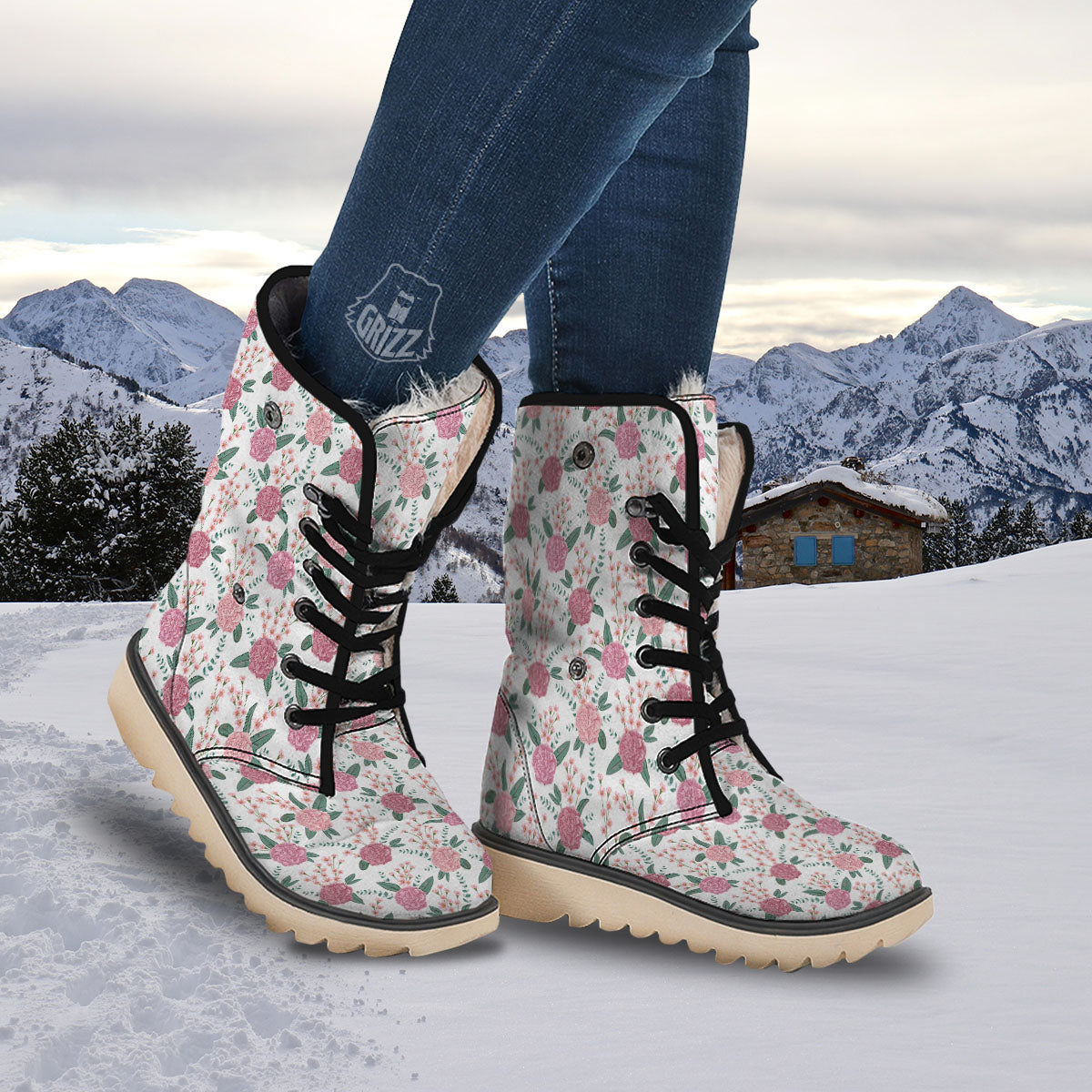 Pink Carnation White Print Pattern Snow Boots-grizzshop