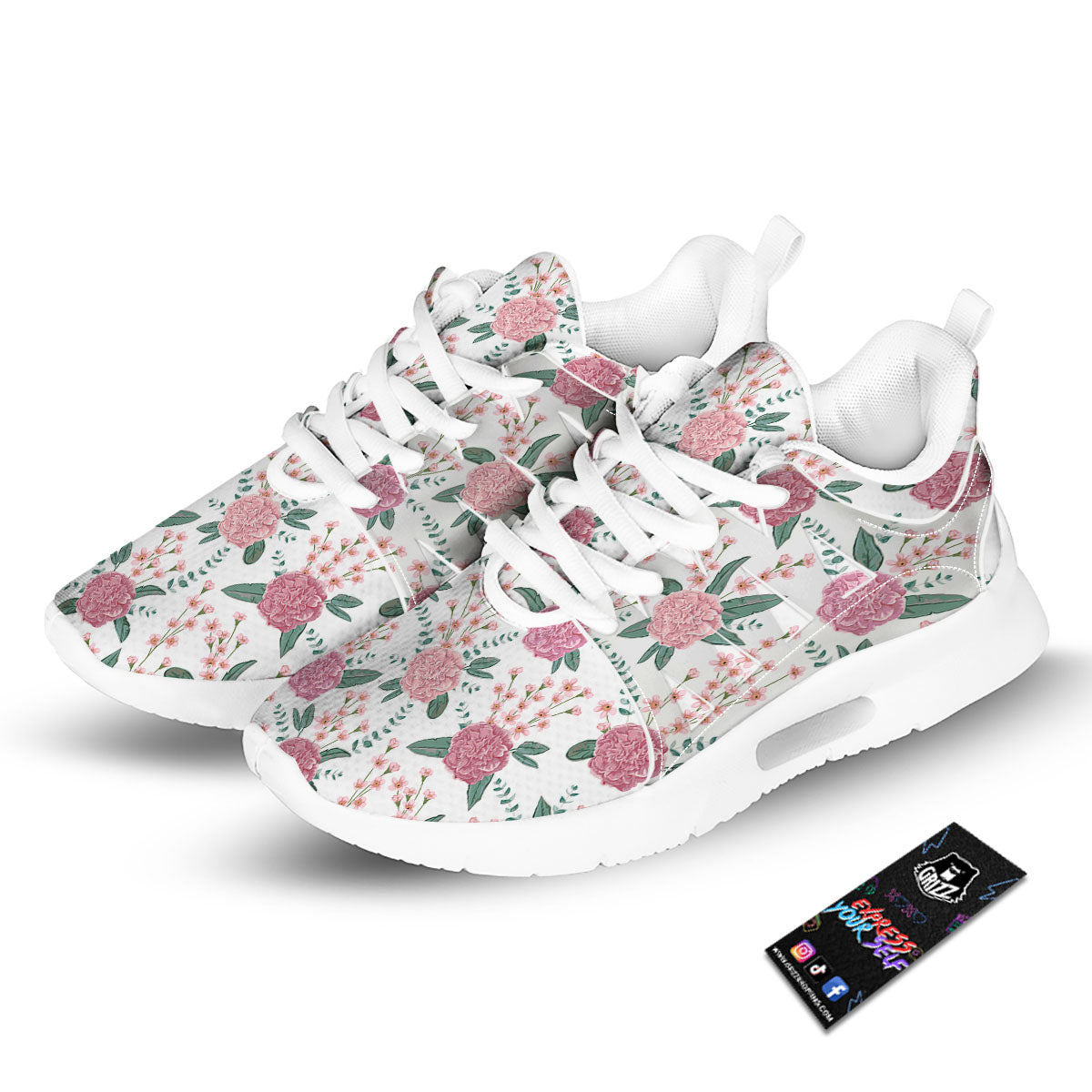 Pink Carnation White Print Pattern Tennis Shoes-grizzshop