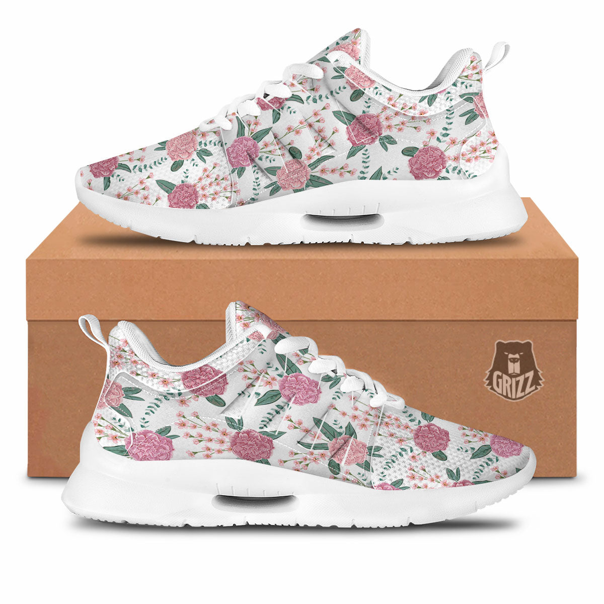 Pink Carnation White Print Pattern Tennis Shoes-grizzshop