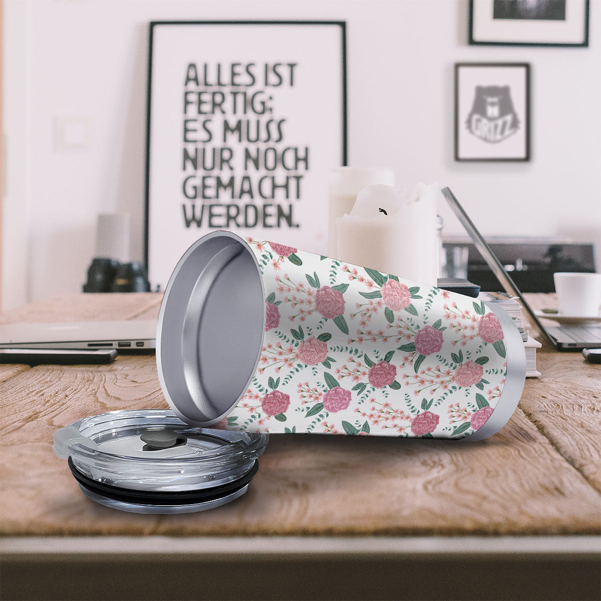 Pink Carnation White Print Pattern Tumbler-grizzshop