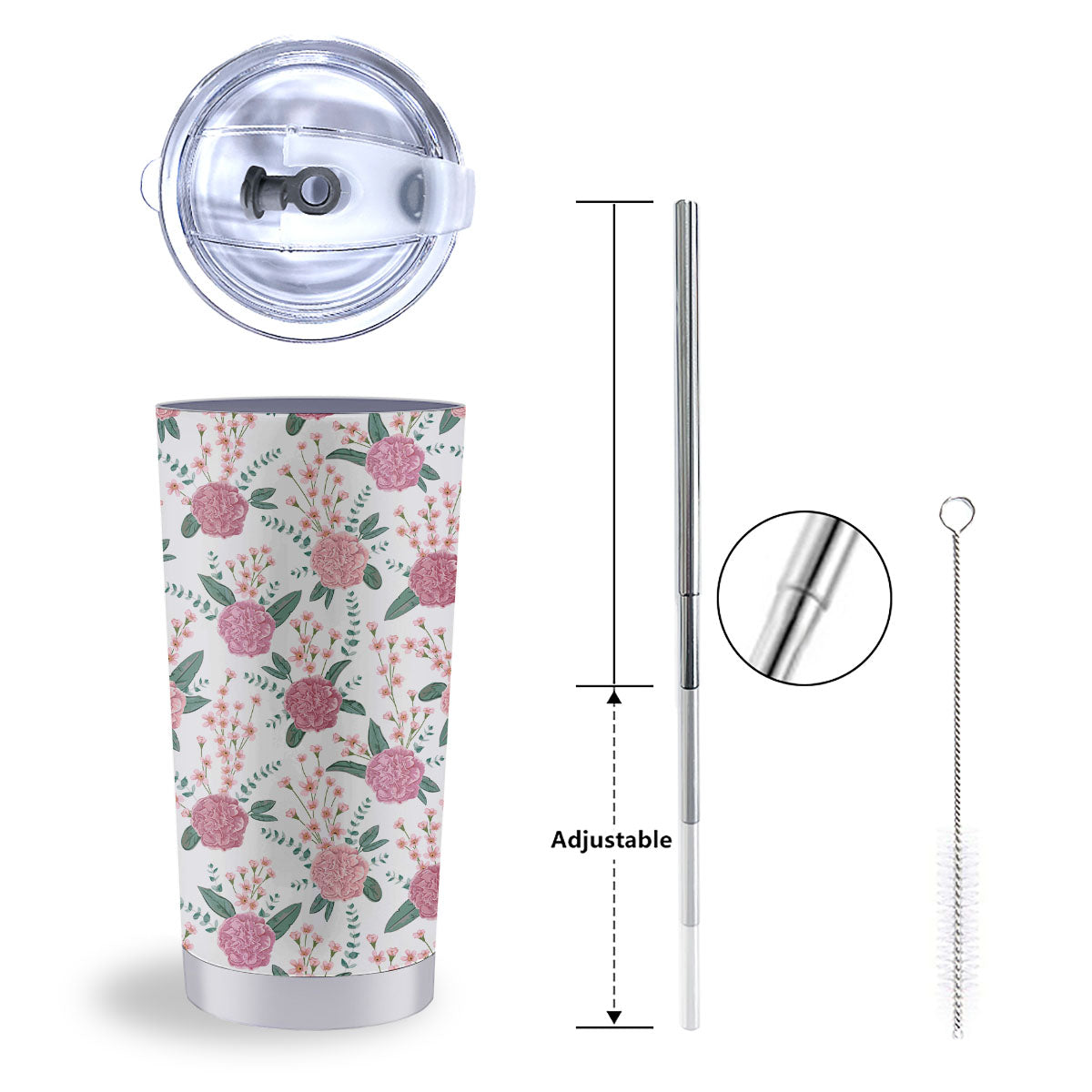 Pink Carnation White Print Pattern Tumbler-grizzshop