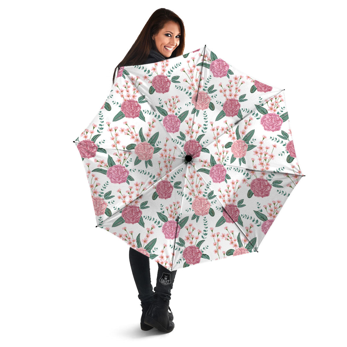 Pink Carnation White Print Pattern Umbrella-grizzshop