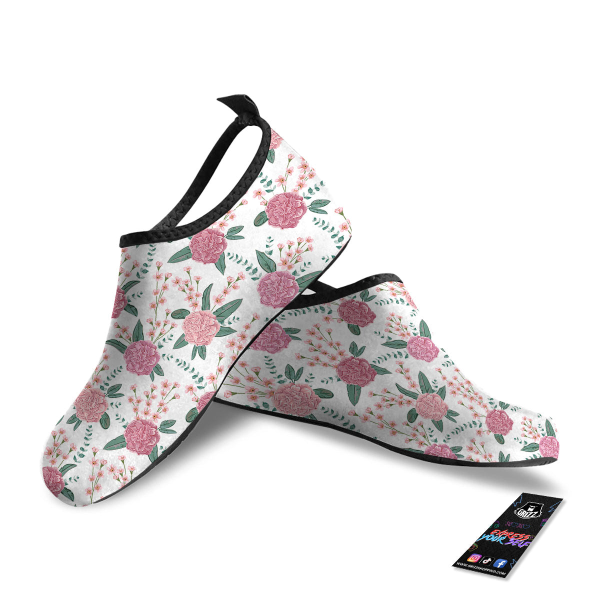 Pink Carnation White Print Pattern Water Shoes-grizzshop