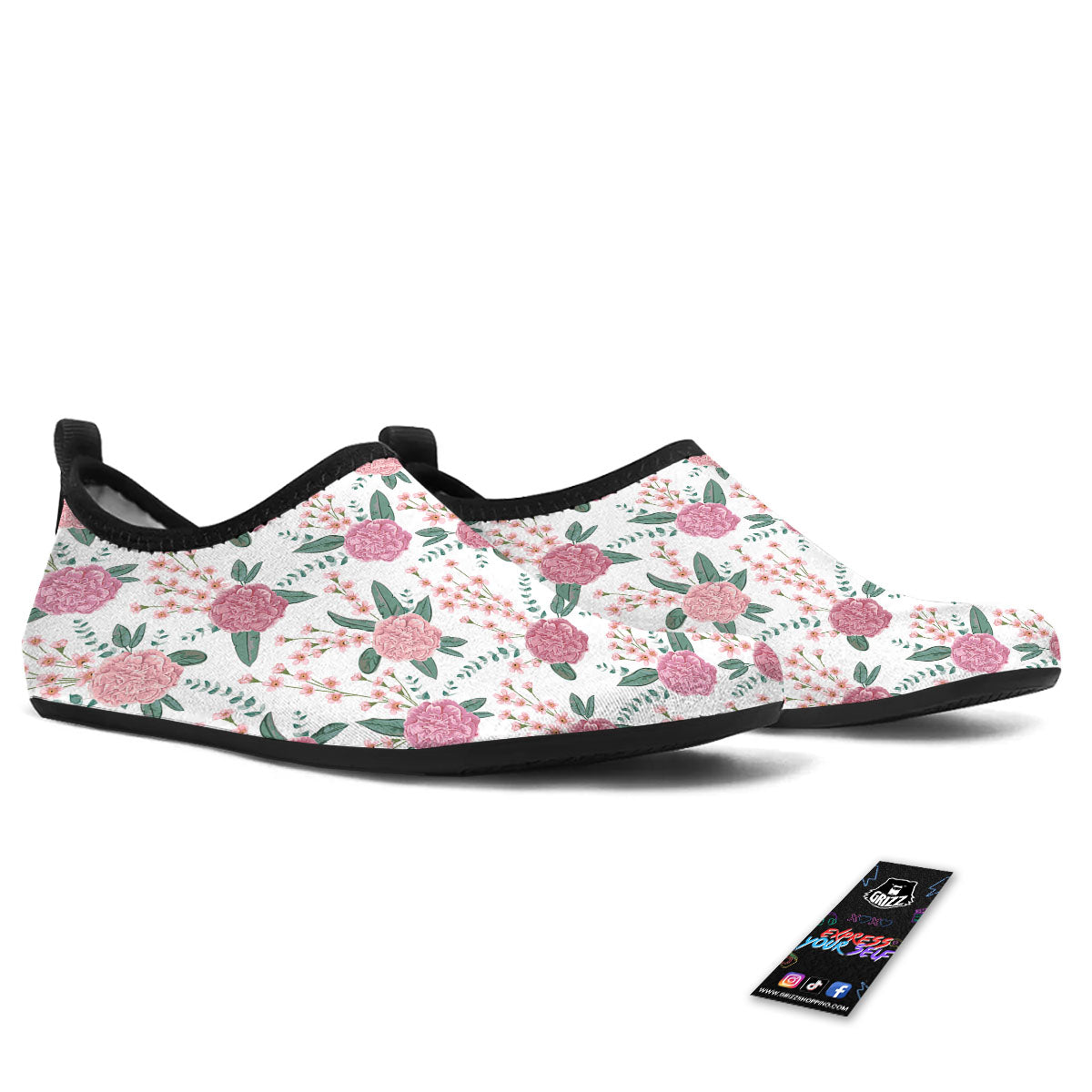 Pink Carnation White Print Pattern Water Shoes-grizzshop