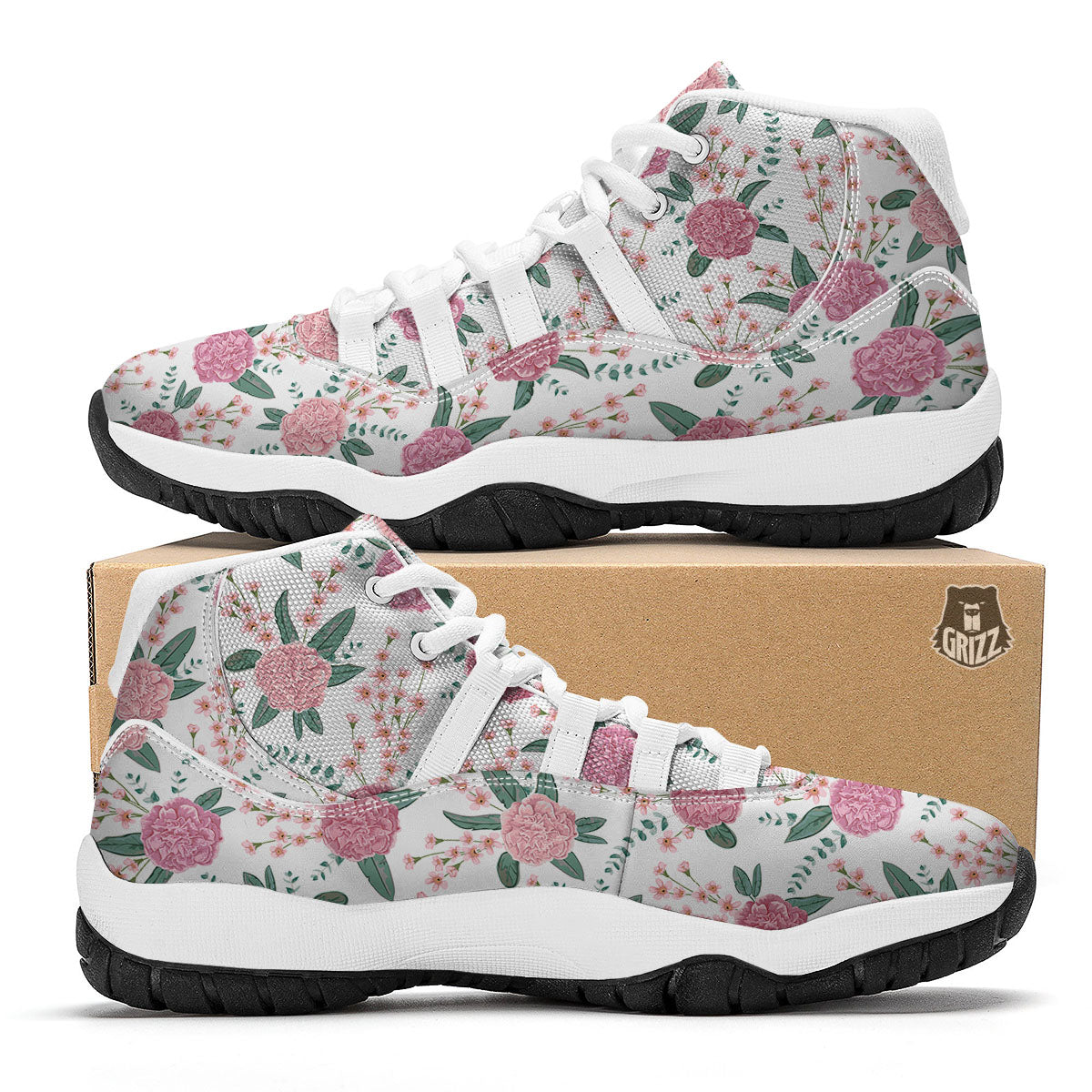 Pink Carnation White Print Pattern White Bball Shoes-grizzshop
