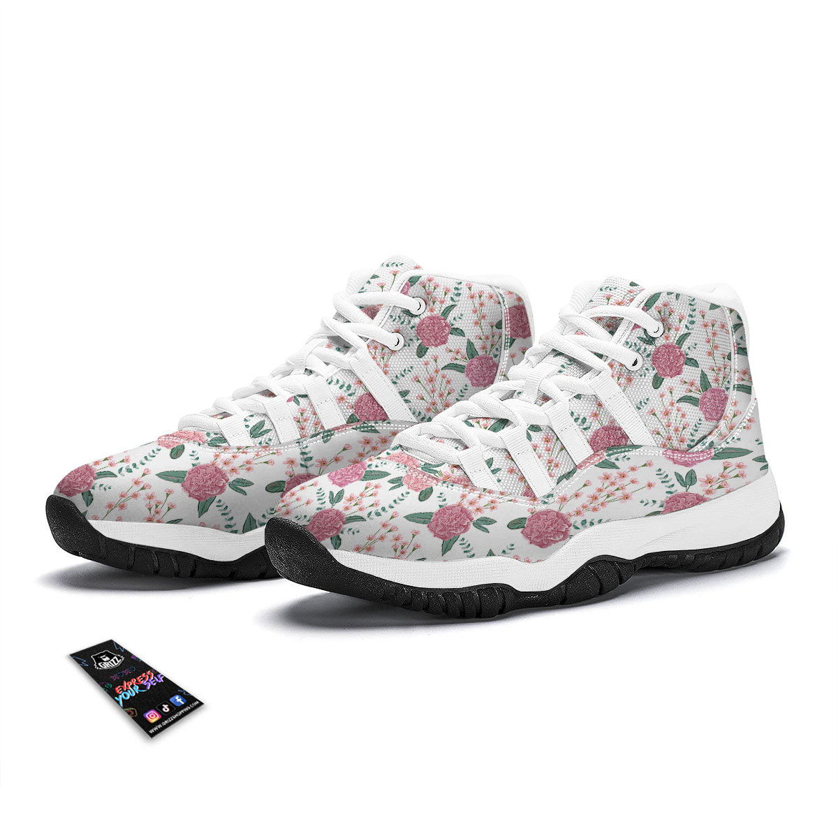Pink Carnation White Print Pattern White Bball Shoes-grizzshop