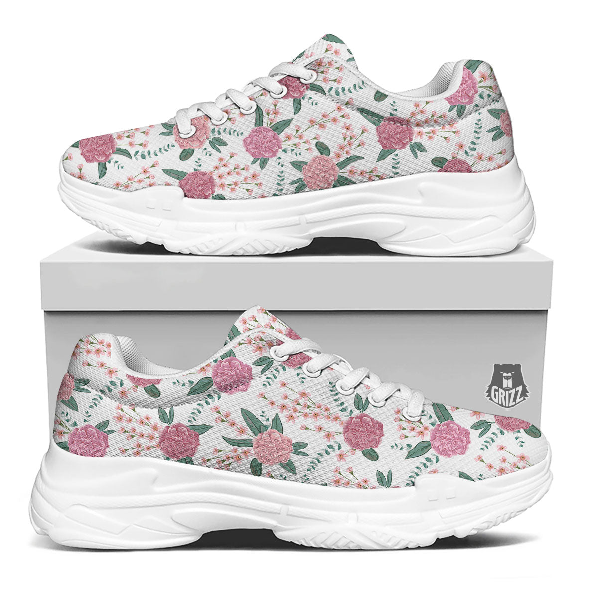 Pink Carnation White Print Pattern White Chunky Shoes-grizzshop