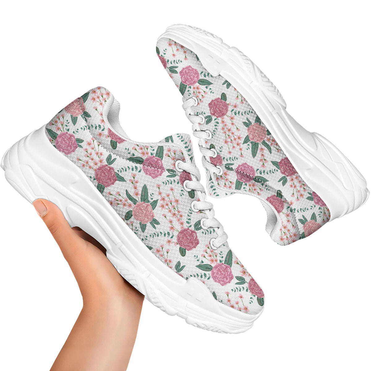 Pink Carnation White Print Pattern White Chunky Shoes-grizzshop