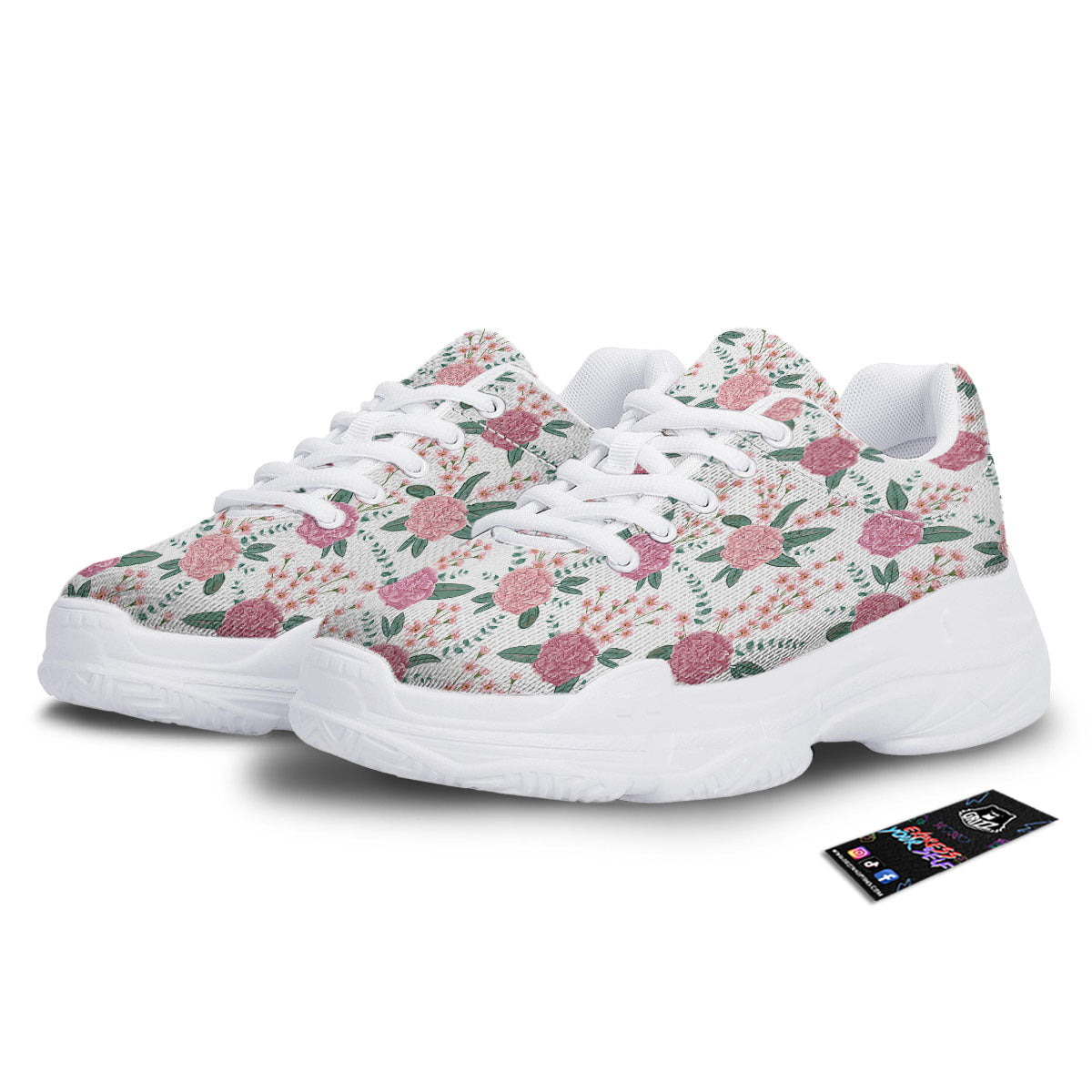Pink Carnation White Print Pattern White Chunky Shoes-grizzshop