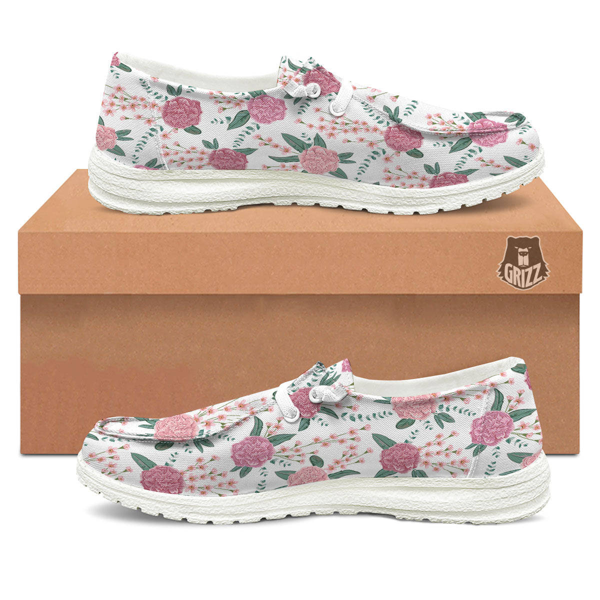 Pink Carnation White Print Pattern White Loafers-grizzshop