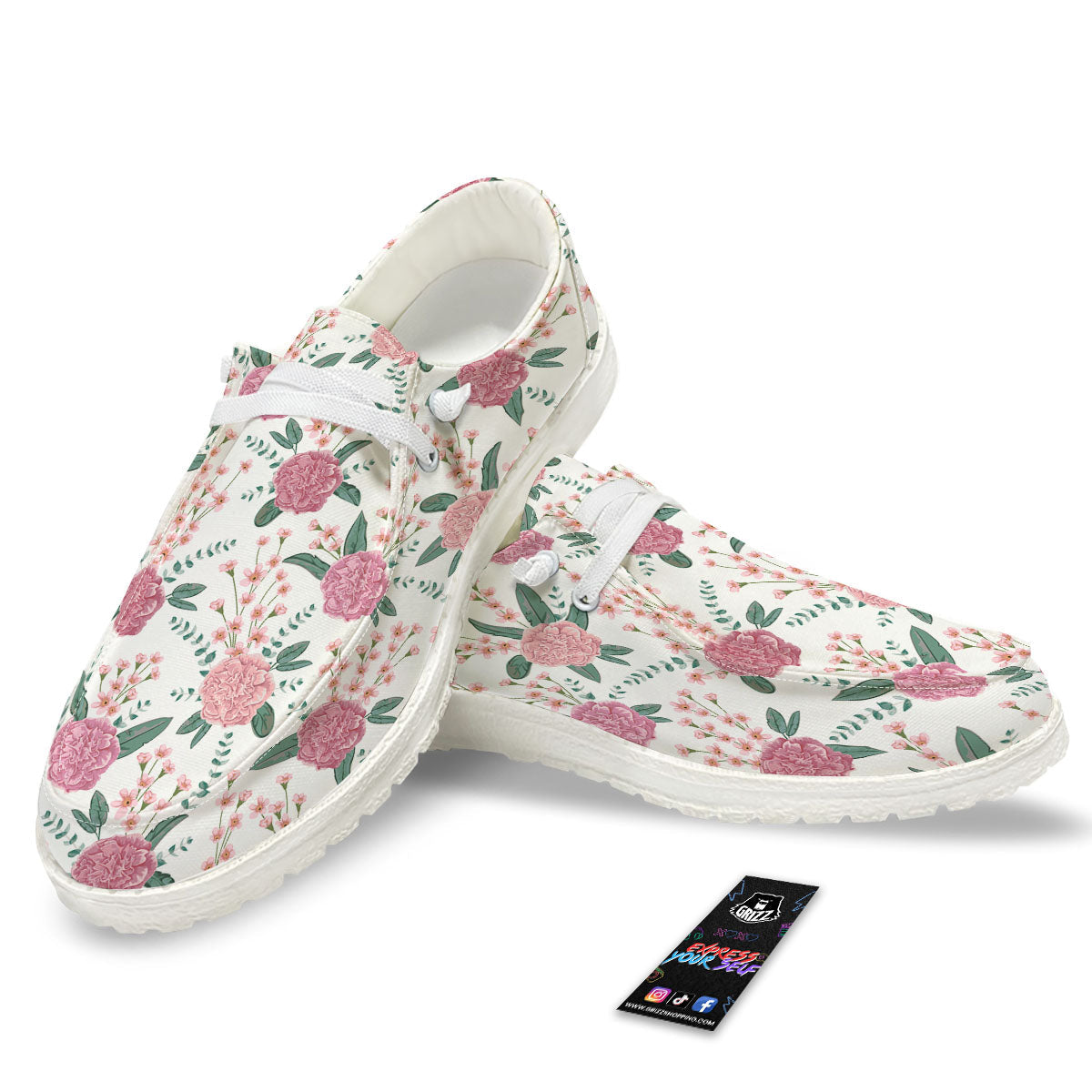Pink Carnation White Print Pattern White Loafers-grizzshop