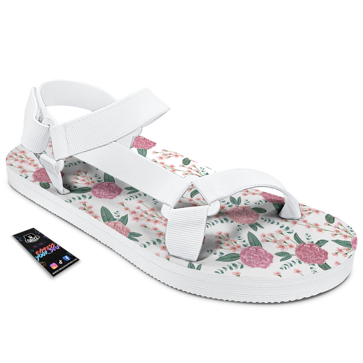 Pink Carnation White Print Pattern White Open Toe Sandals-grizzshop