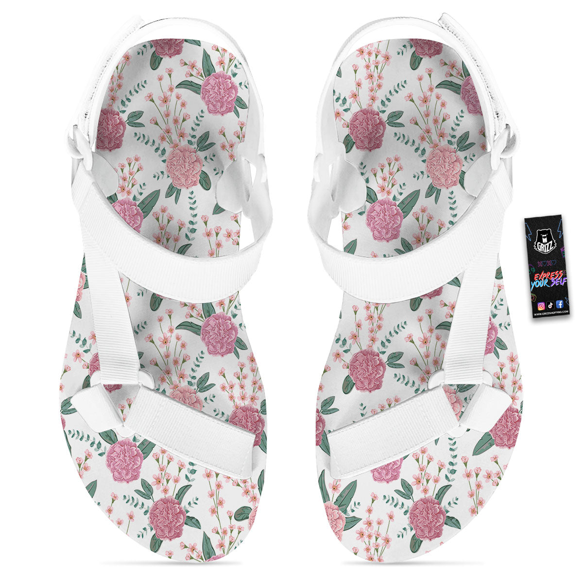 Pink Carnation White Print Pattern White Open Toe Sandals-grizzshop