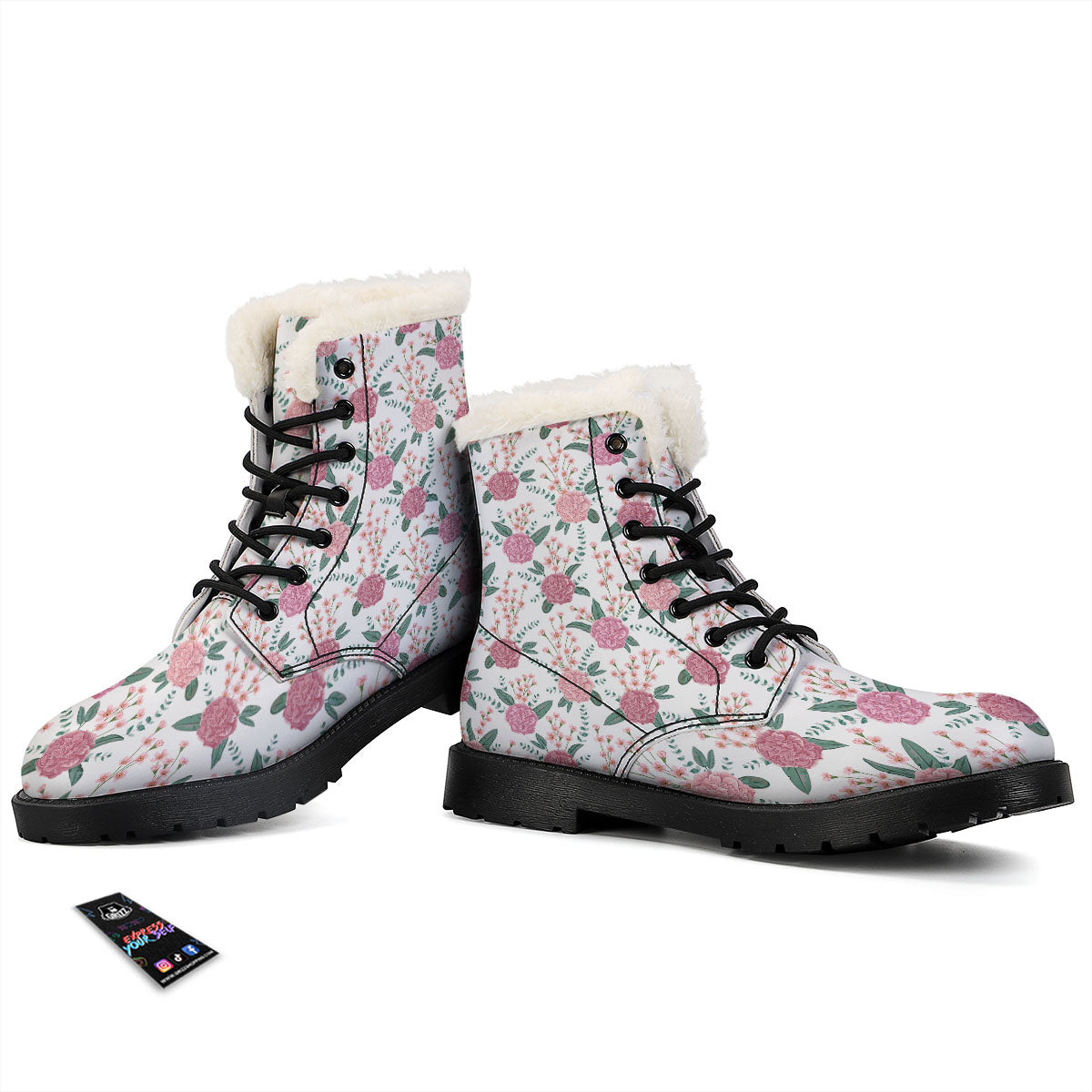 Pink Carnation White Print Pattern Winter Boots-grizzshop